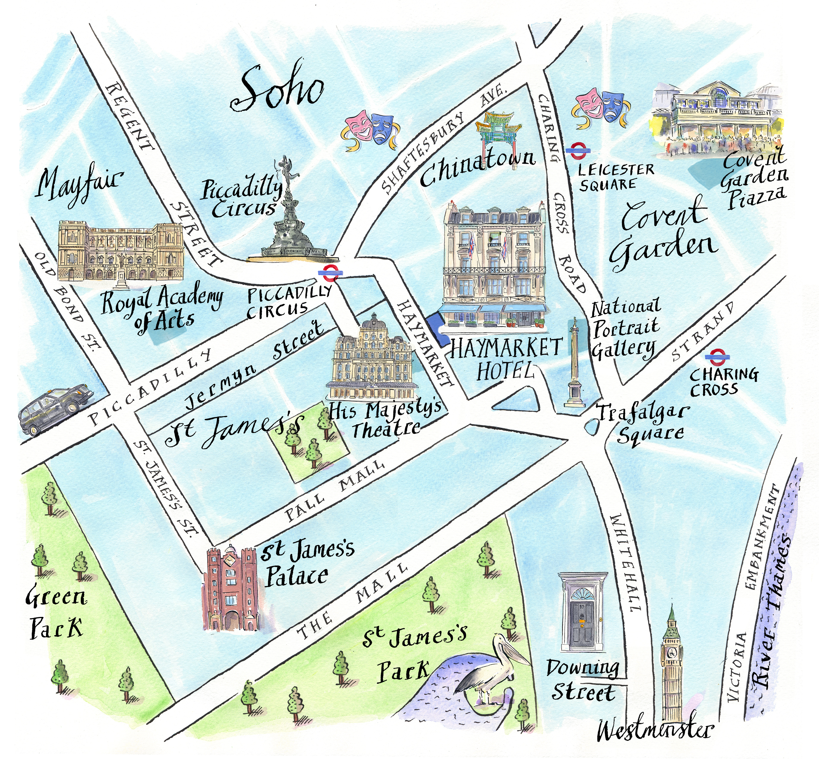 An illustrated map of Piccadilly Circus surrounding Haymarket Hotel. Larger fonts and icons signify key areas including the His Majesty's Theatre, Trafalgar Square, Chinatown and nearby underground stations