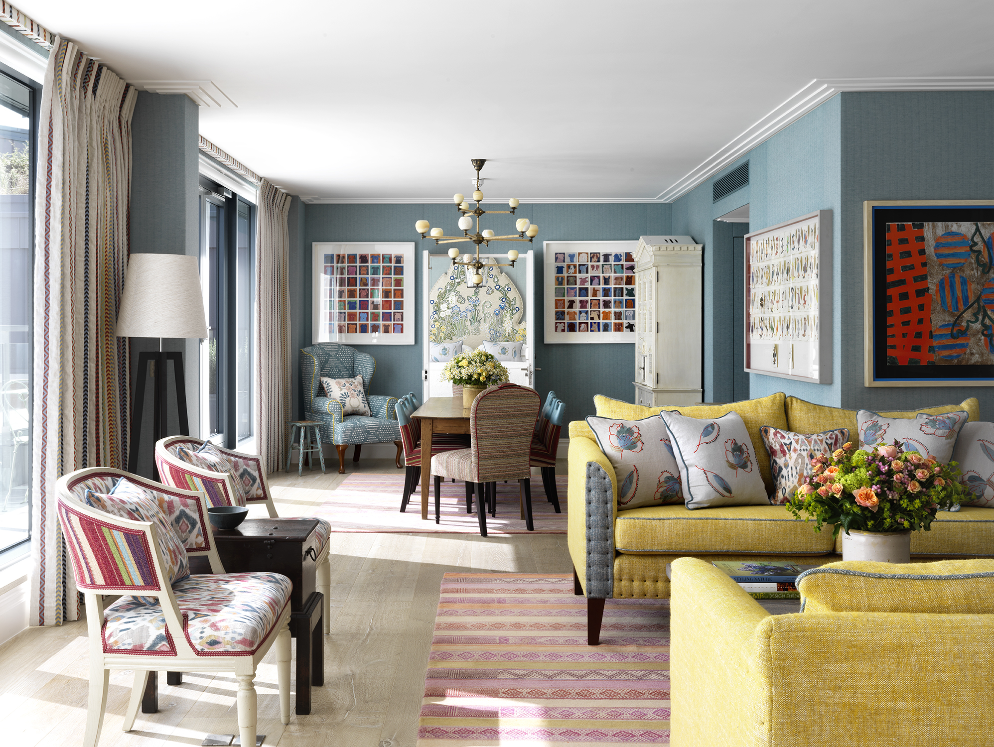 Wide living room shot of room 502, the Terrace Suite at Ham Yard Hotel