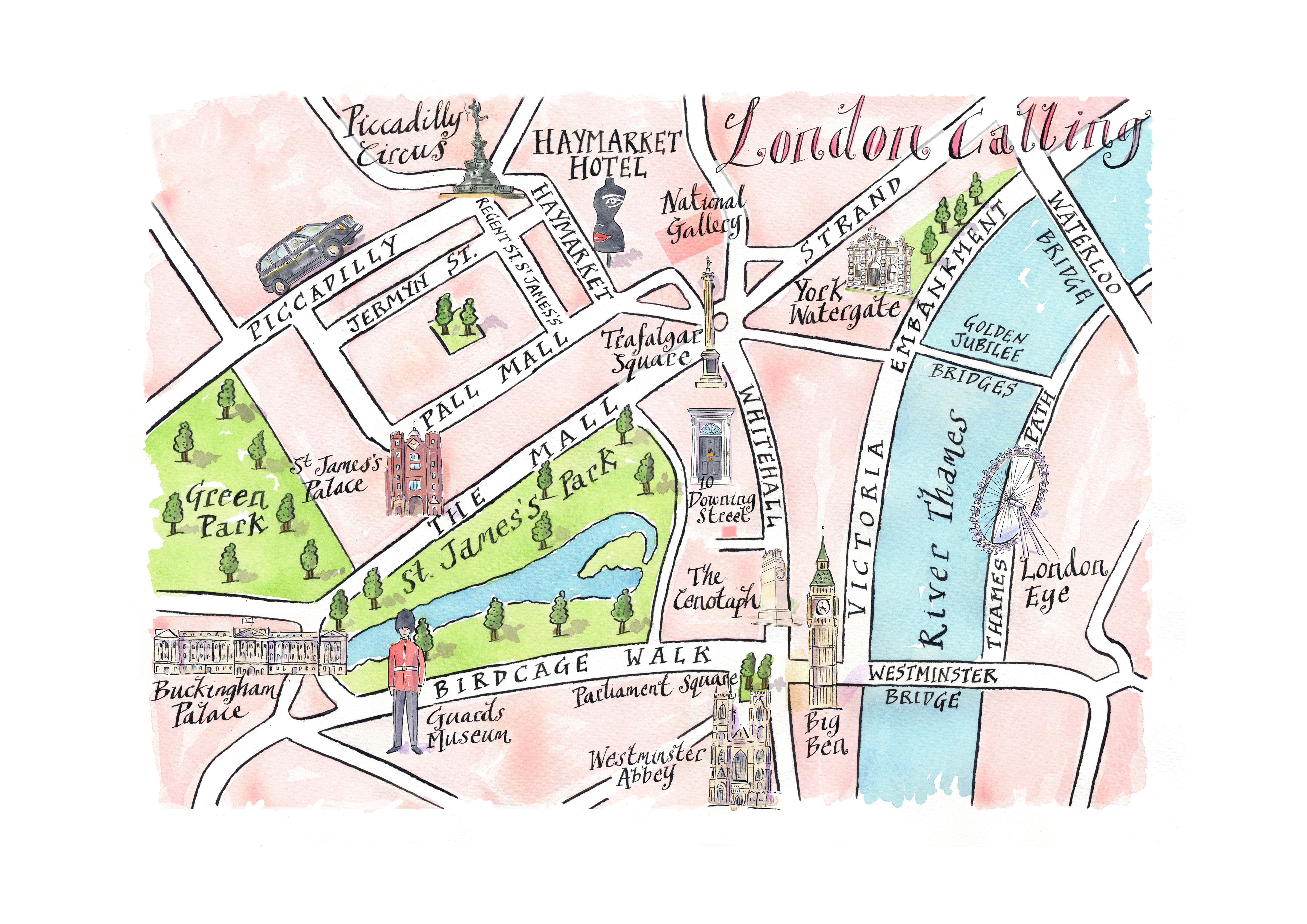 An illustrated map of London including famous landmarks in the West End