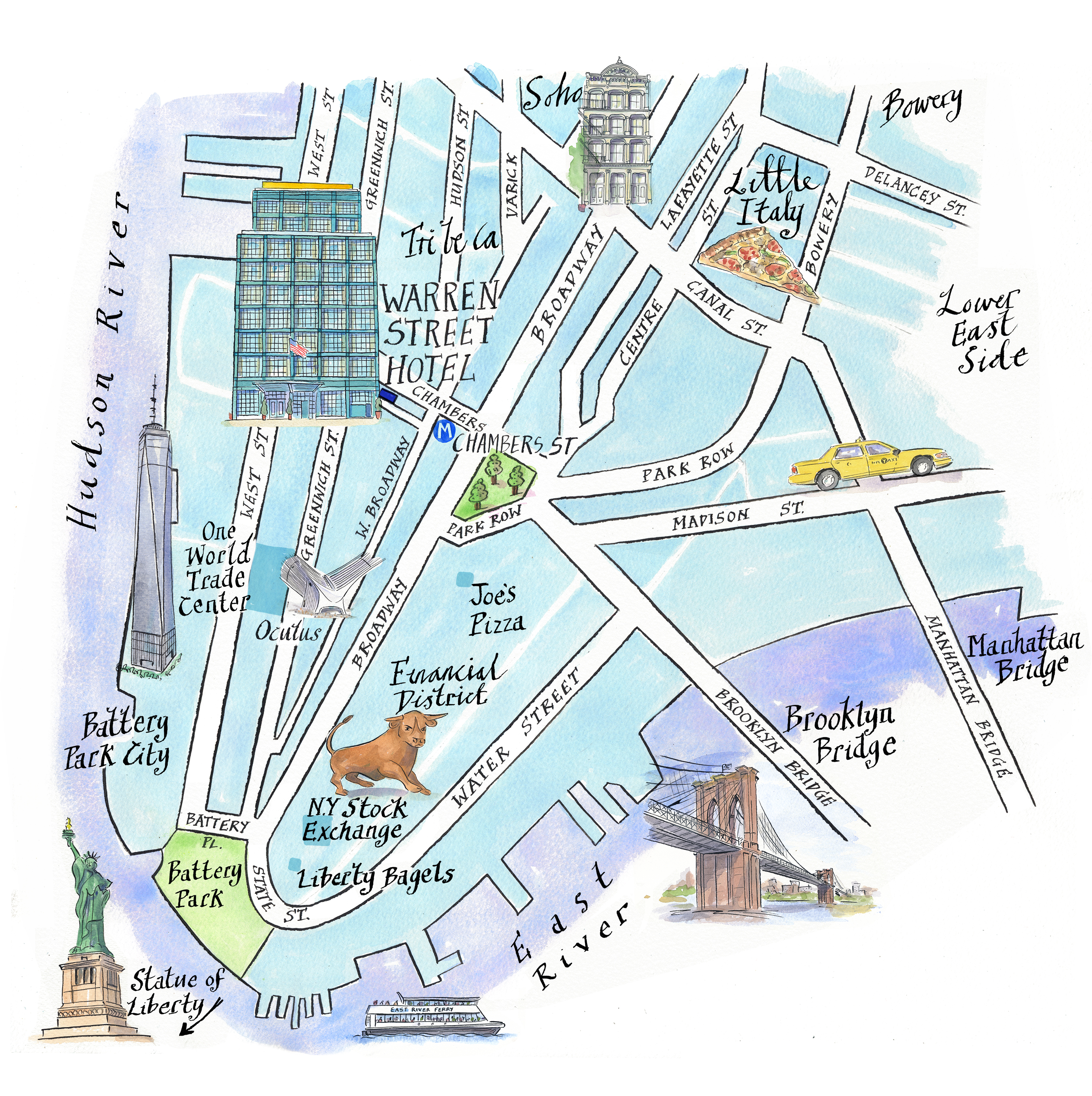An illustrated map of Tribeca surrounding Warren Street Hotel. Larger fonts and icons signify key areas including the One World Trade Center, Statue of Liberty, Little Italy and nearby underground stations.
