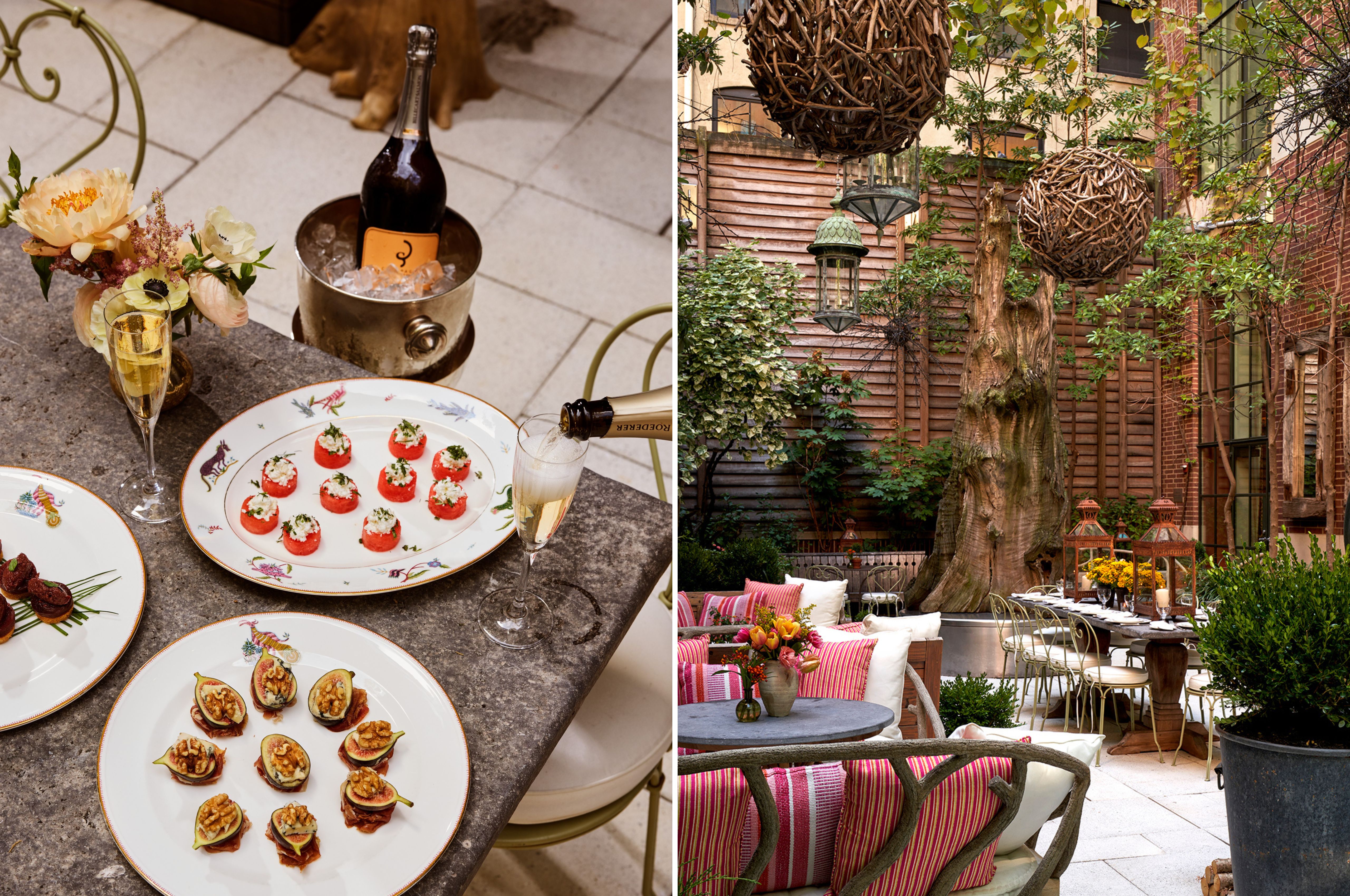 Two portrait images stitched together. On the right, a close up of plates of canapes and Champagne on a table in the Sculpture Garden. On the left, the Sculpture Garden at Crosby Street Hotel. There are sofas and low tables and a long table with dining chairs surrounded by plants