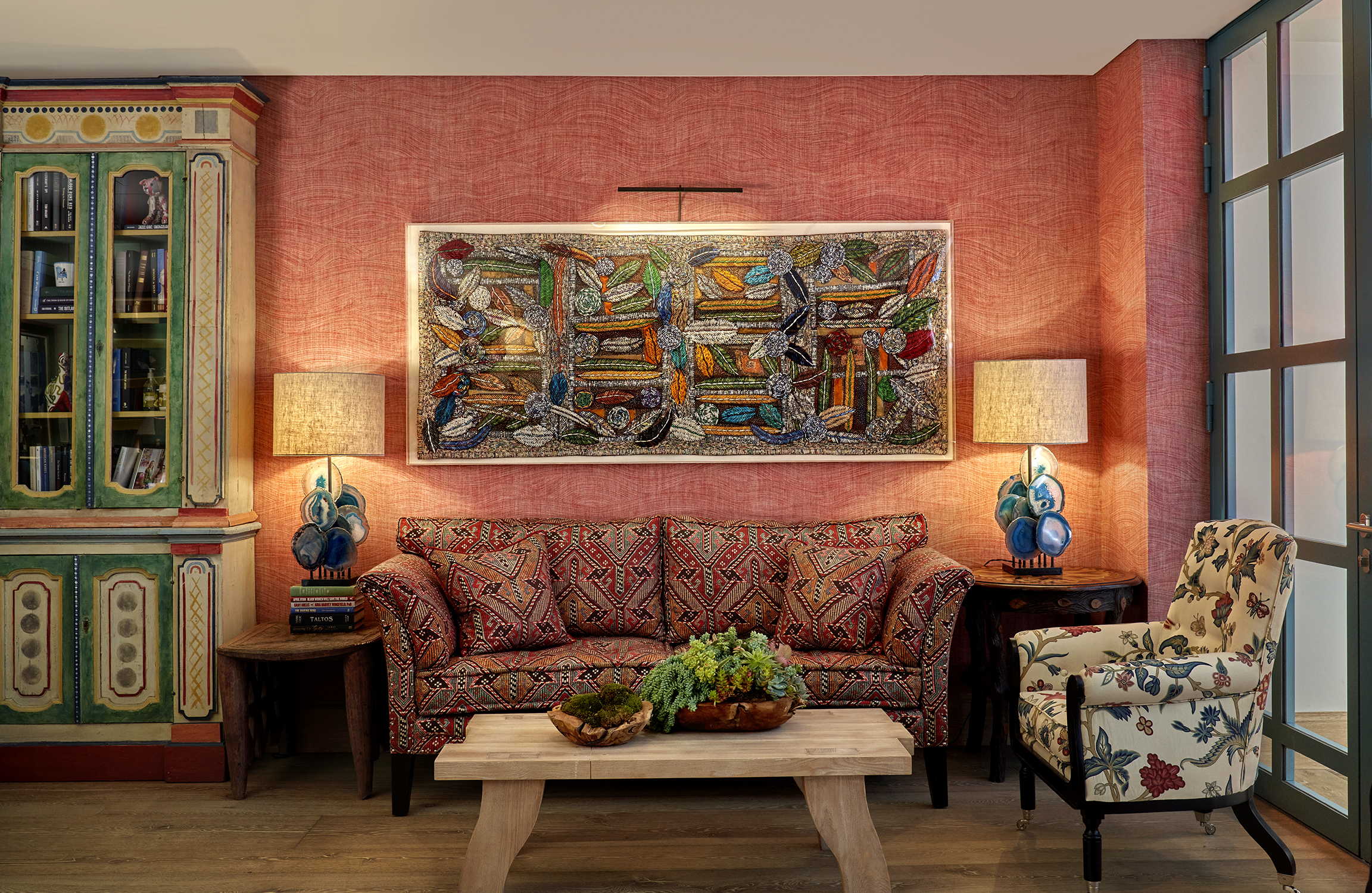 Close shot of a lounger area in the Drawing Room at Warren Street Hotel