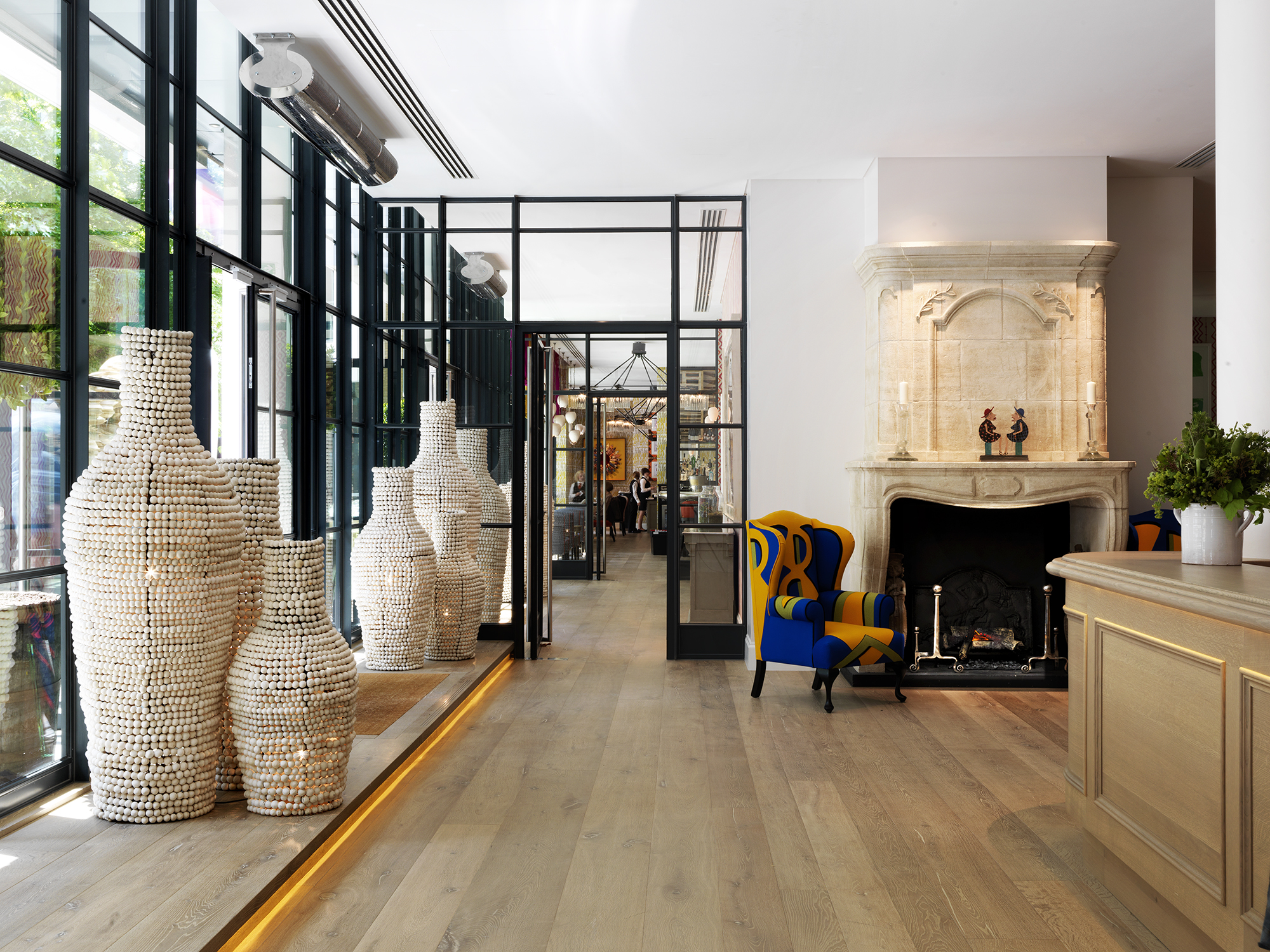 Wide shot of the Lobby at Ham Yard Hotel