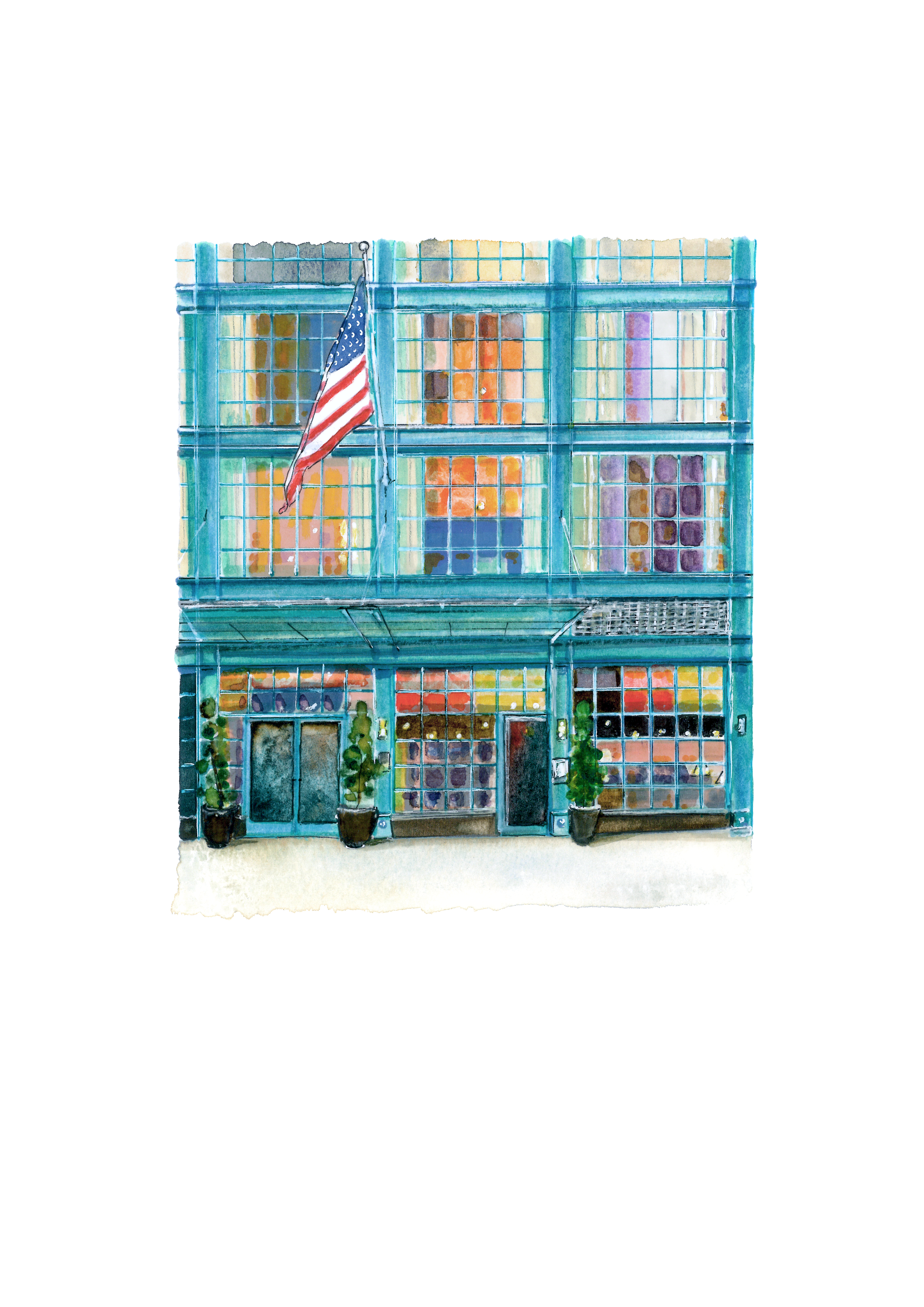 A watercolor-style illustration of Warren Street Hotel exterior.