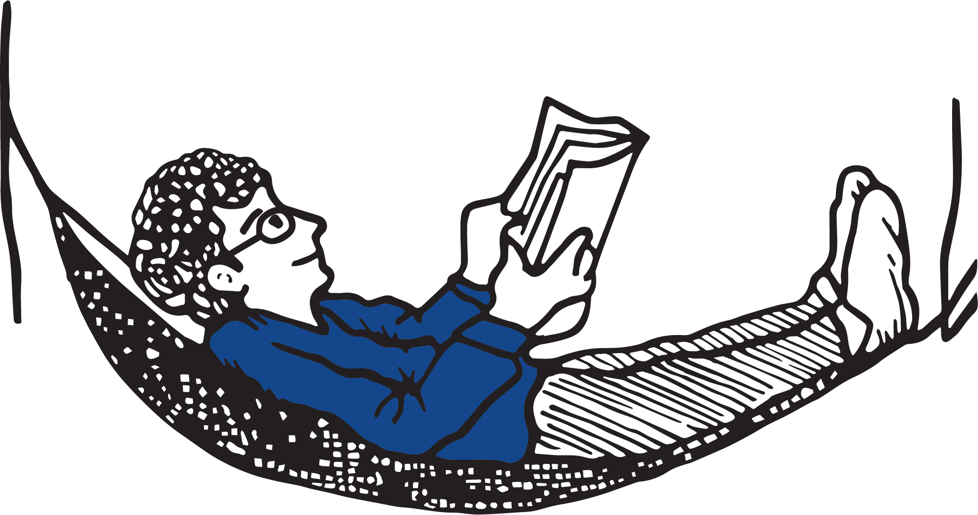 Ham Yard Hotel icon. An animated poster of a man wearing blue shirt reading a book in a black Hammack.