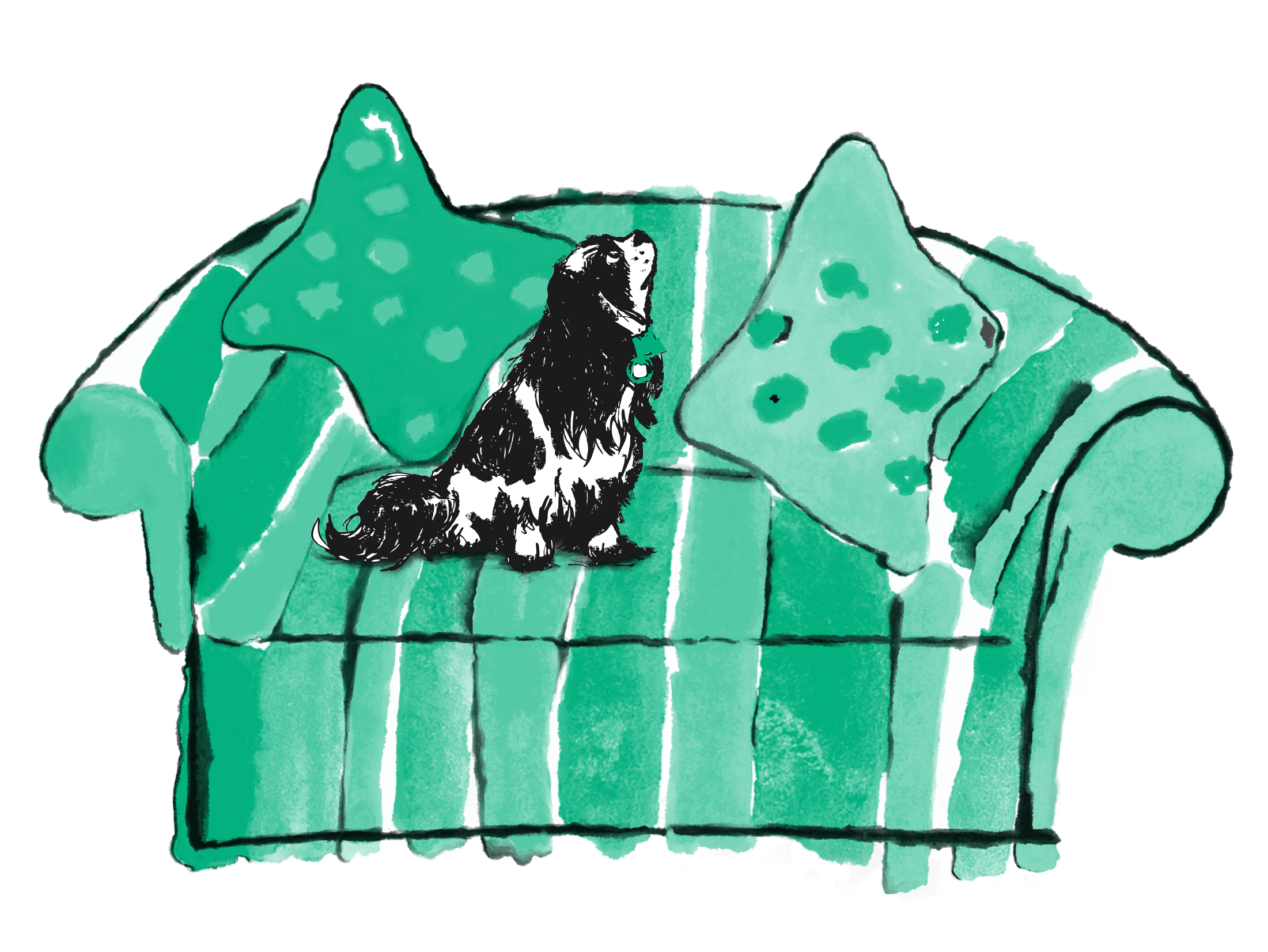 Warren Street Hotel Icon. An animated poster of a green sofa with two cushions and a dog seating on it.