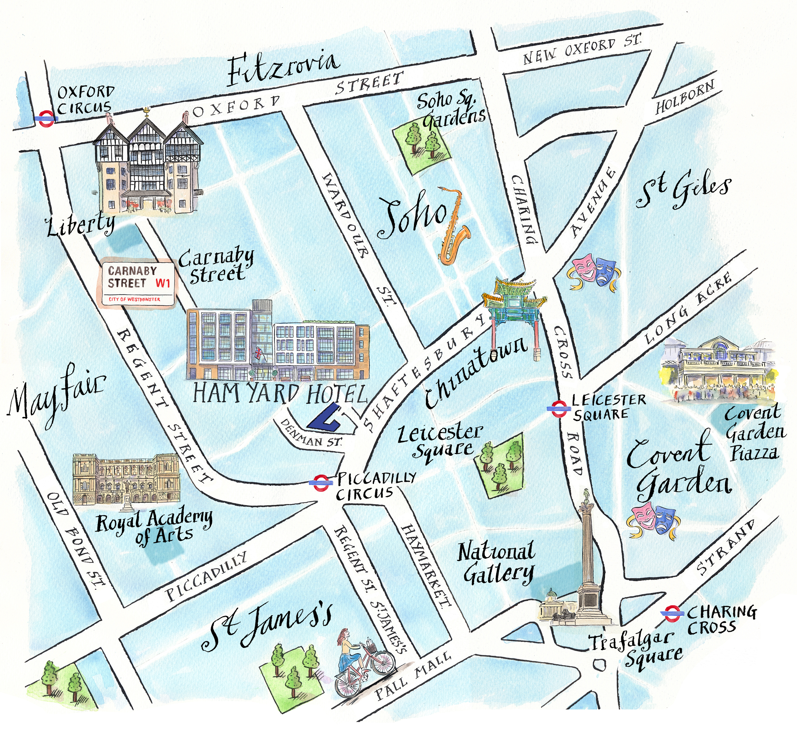 An illustrated map of Soho surrounding Ham Yard Hotel. Larger fonts and icons signify key areas Carnaby Street, Liberty, St James Square and Royal Academy Arts and nearby underground stations