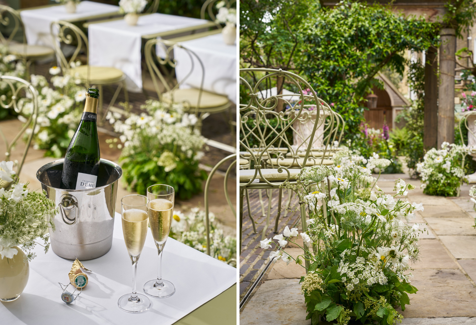 Two portrait images stitched together. A close shot of a champagne bottle and 2 glasses or a wedding in the Orangery as a private events space at Number Sixteen