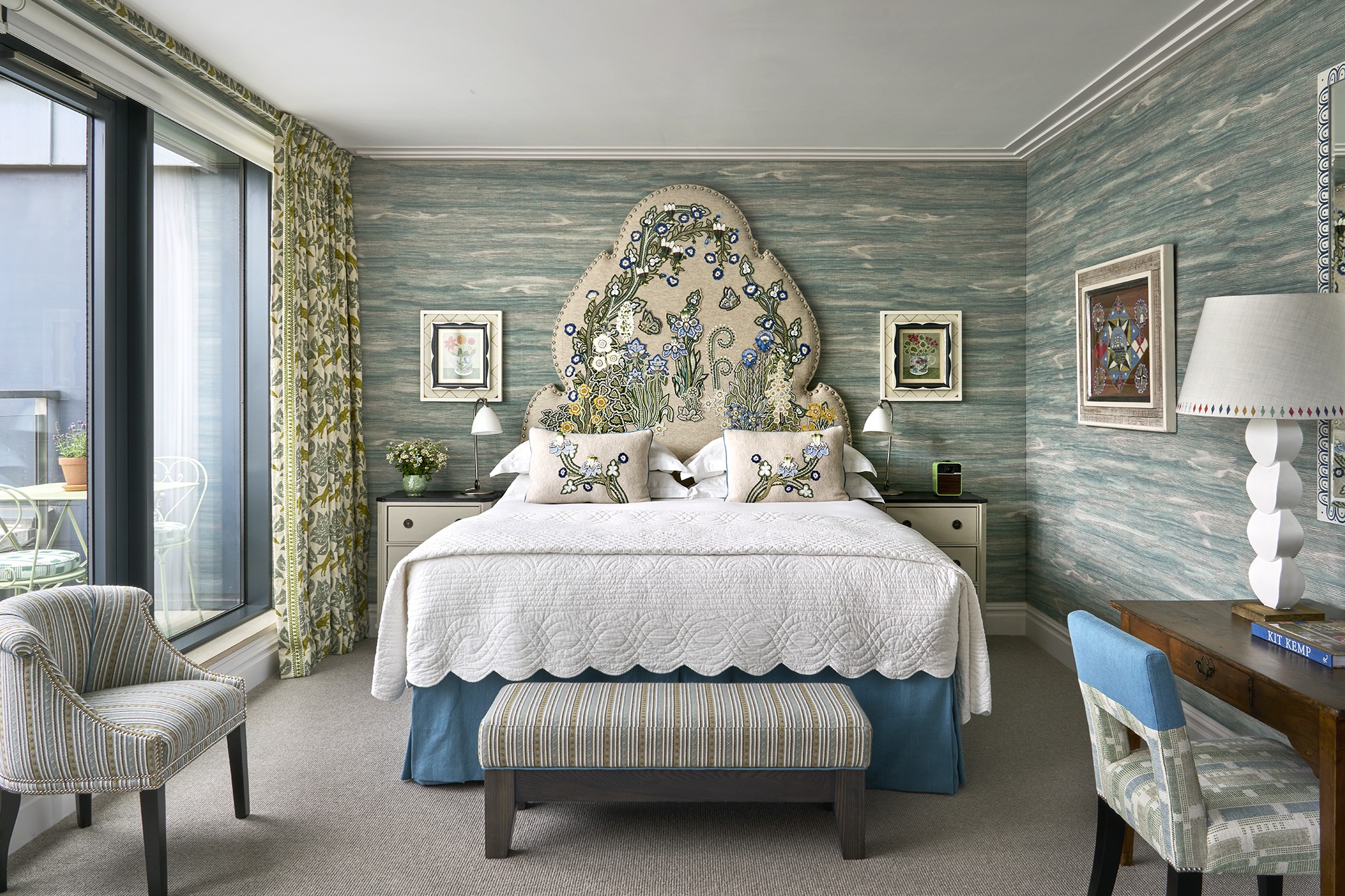 A landscape image of the second bedroom shot of room 502, the Terrace Suite at Ham Yard Hotel