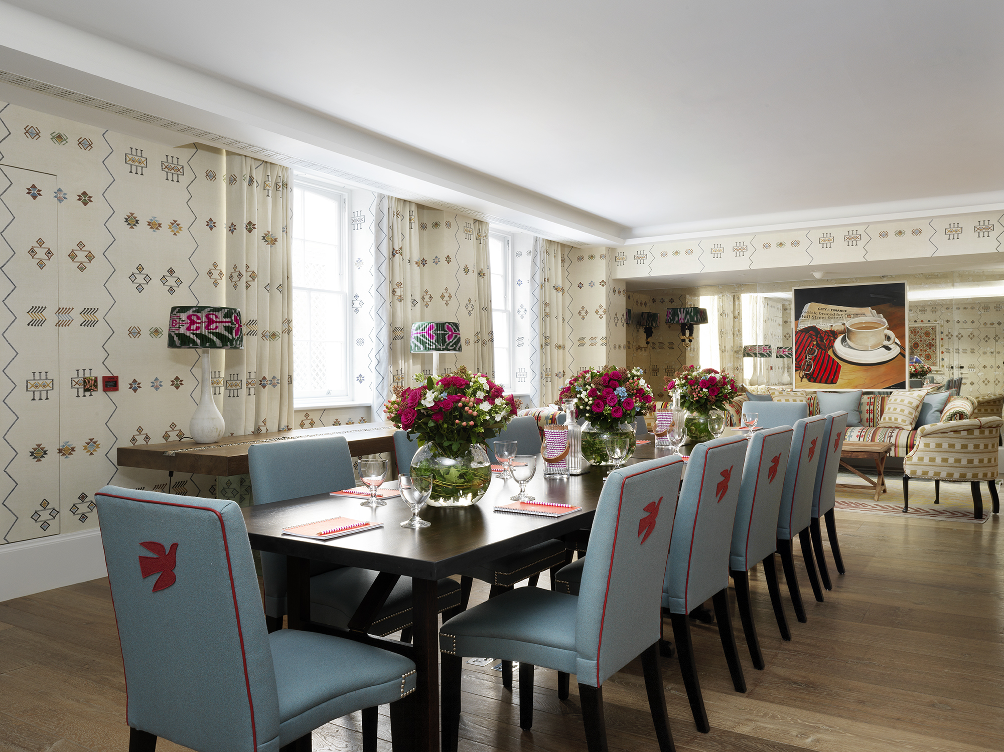 Long meeting table in the Rocklin private events room at Haymarket Hotel