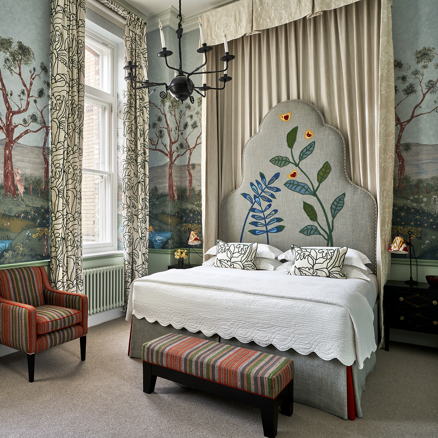 A diagonal image of the bed in the Deluxe Room, 107 in Charlotte Street Hotel.