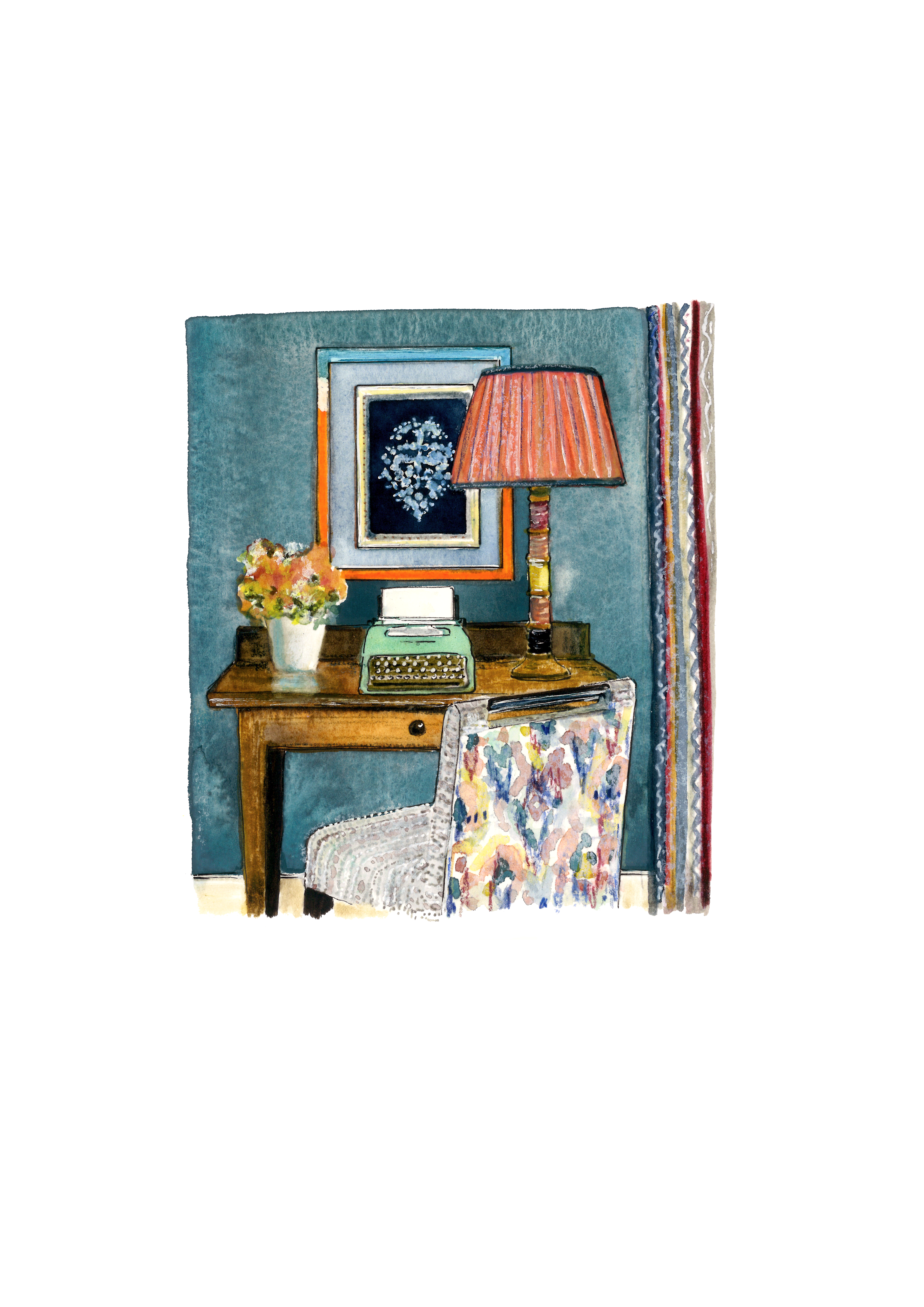 A watercolor-style illustration of a chair, table and typewriter on it with a lamp shade