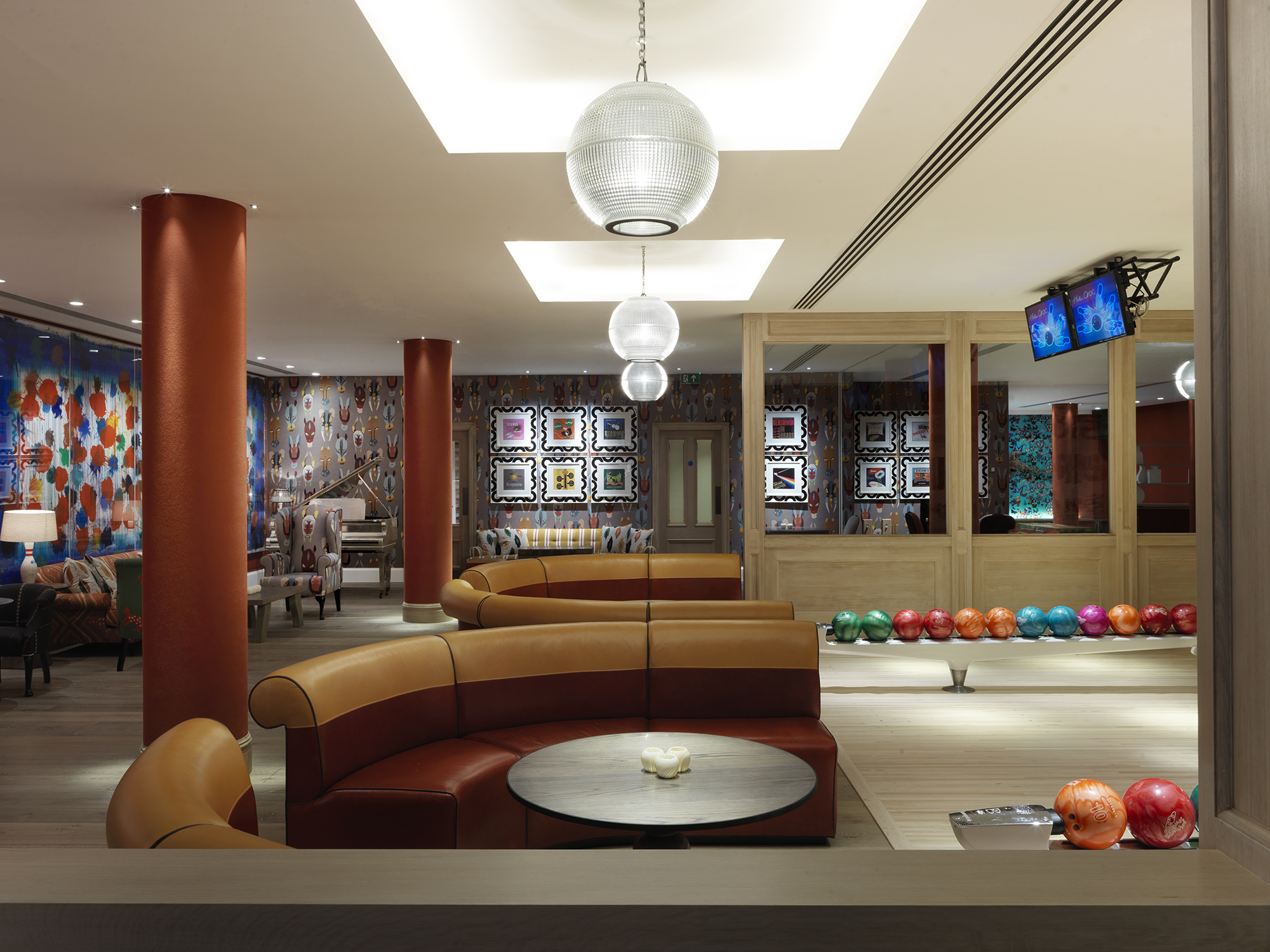 Wide shot of the Croc Bowling Alley at Ham Yard Hotel