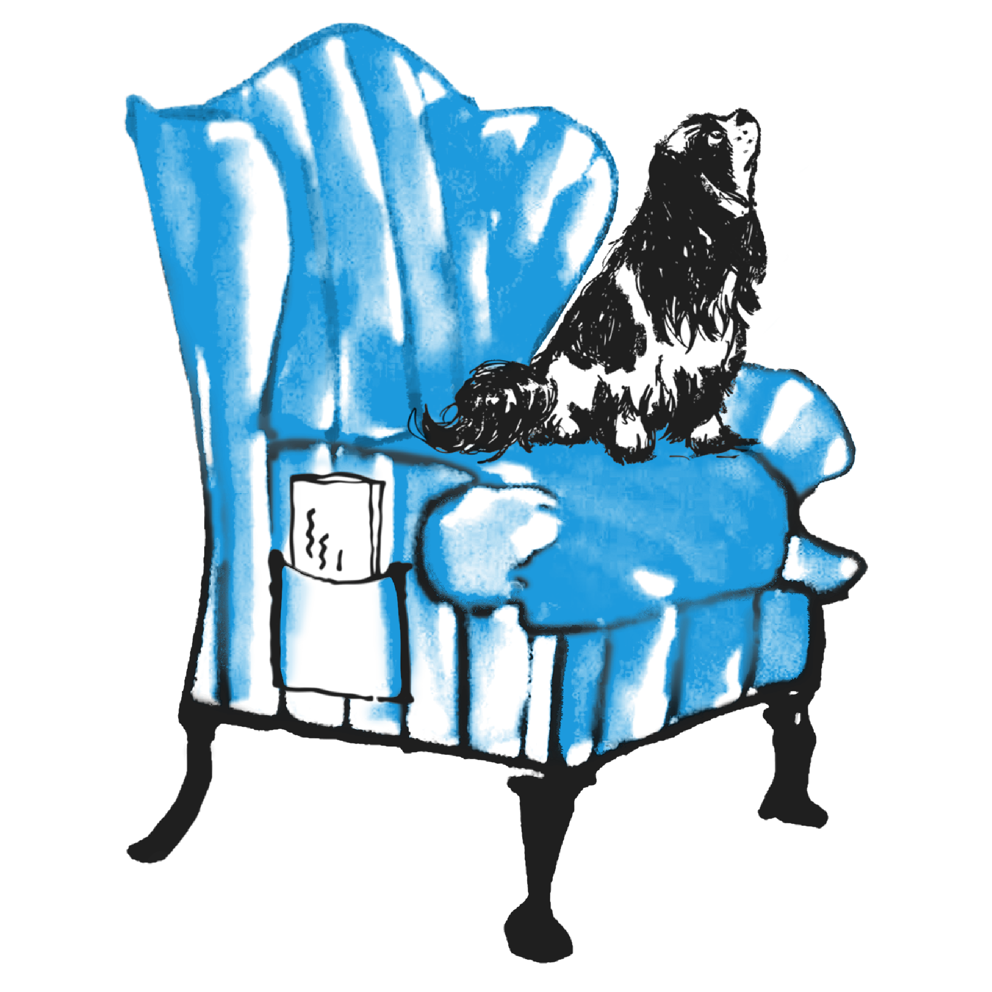 The Whitby Hotel Icon. An animated poster of a blue armchair and a dog seating on it.
