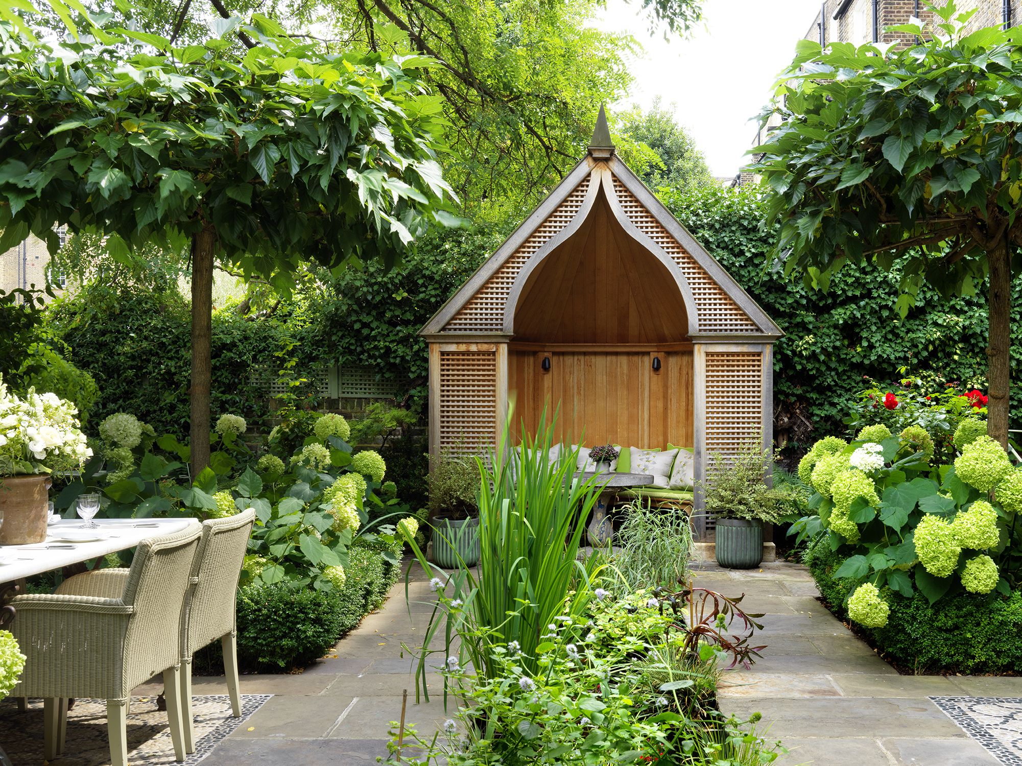 Wide shot of the back of the Orangery Garden at Number Sixteen