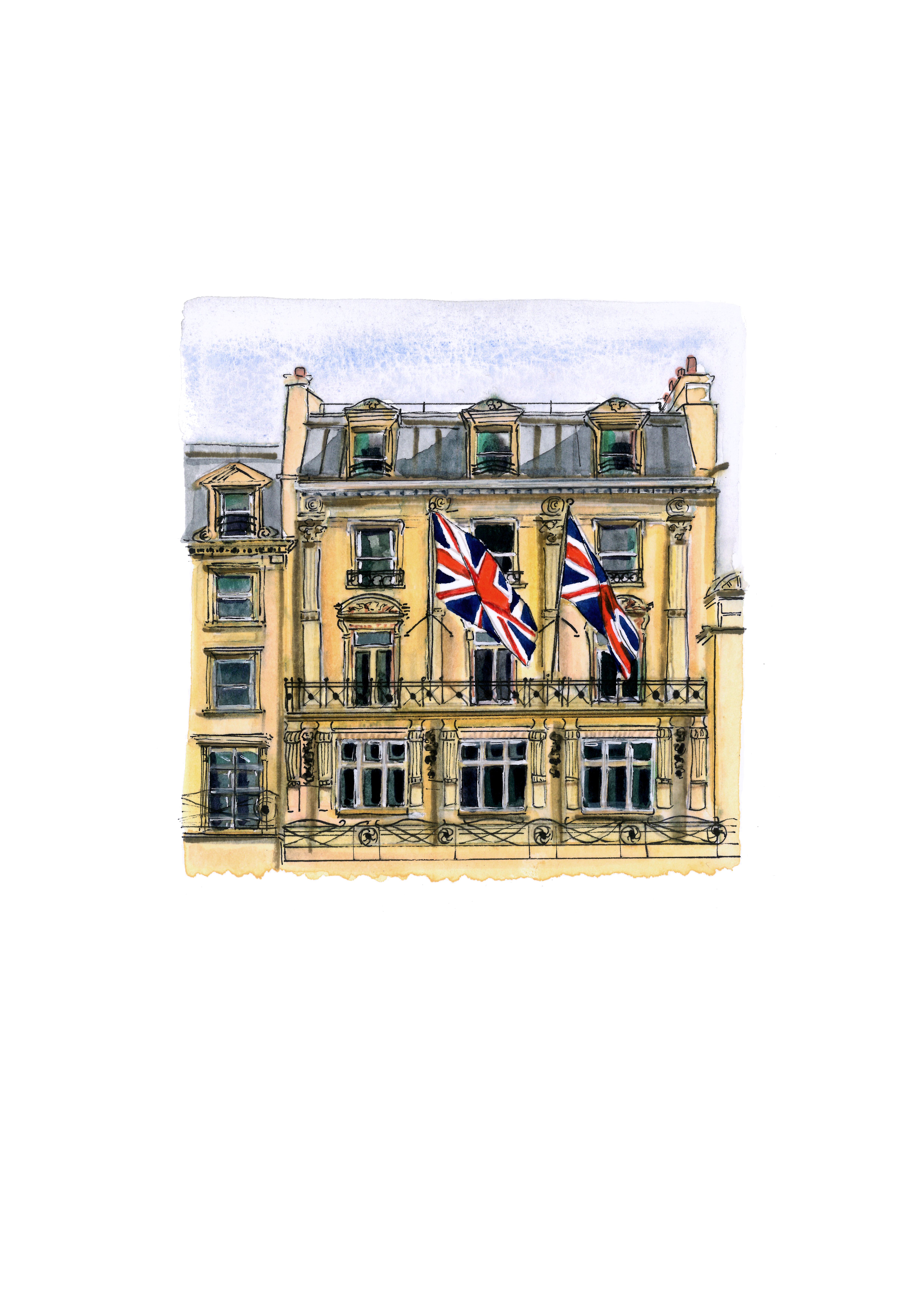 A watercolor-style illustration of Haymarket Hotel London exterior.