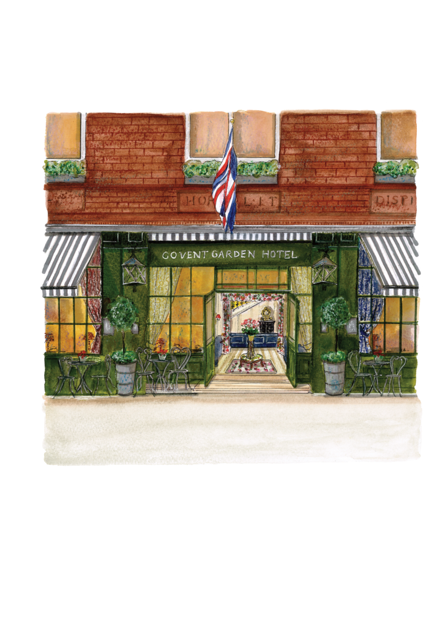 A watercolor-style illustration of Covent Garden Hotel London exterior.