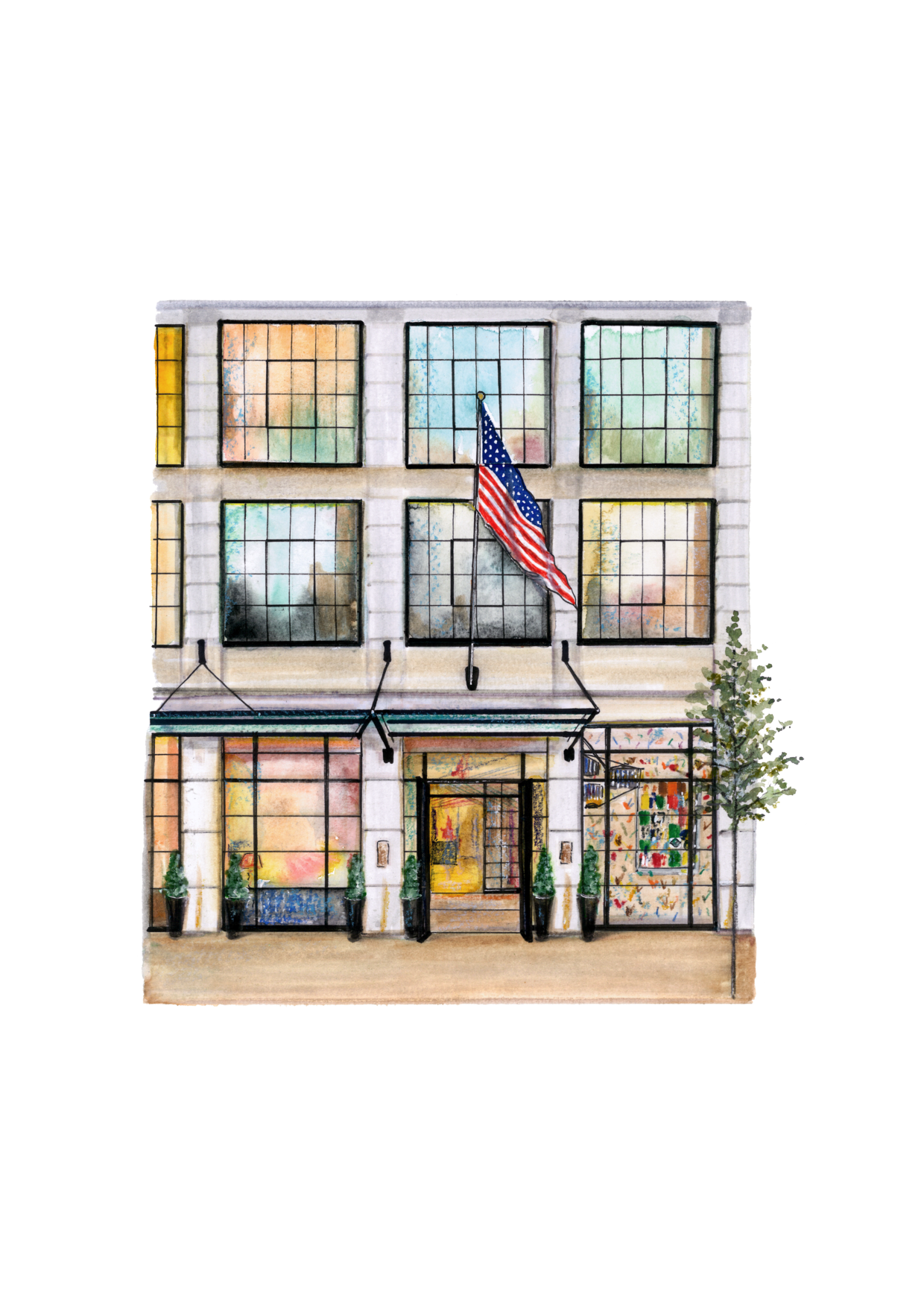 A watercolor-style illustration of The Whitby Hotel New York exterior.