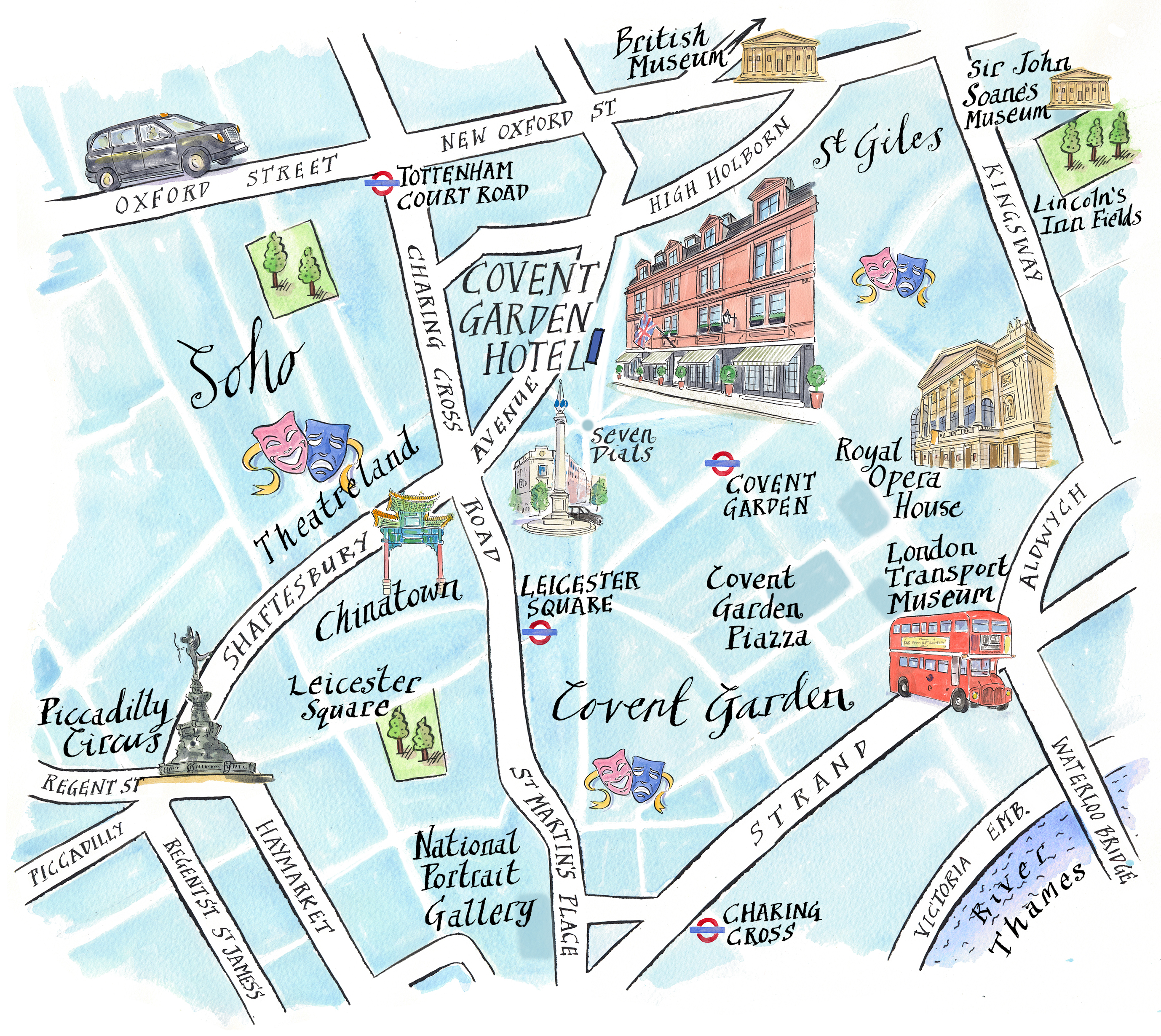 An illustrated map of Covent Garden surrounding Covent Garden Hotel. Larger fonts and icons signify key areas including the Theatre District, Royal Opera House, British Museum and Severn Dials and nearby underground stations