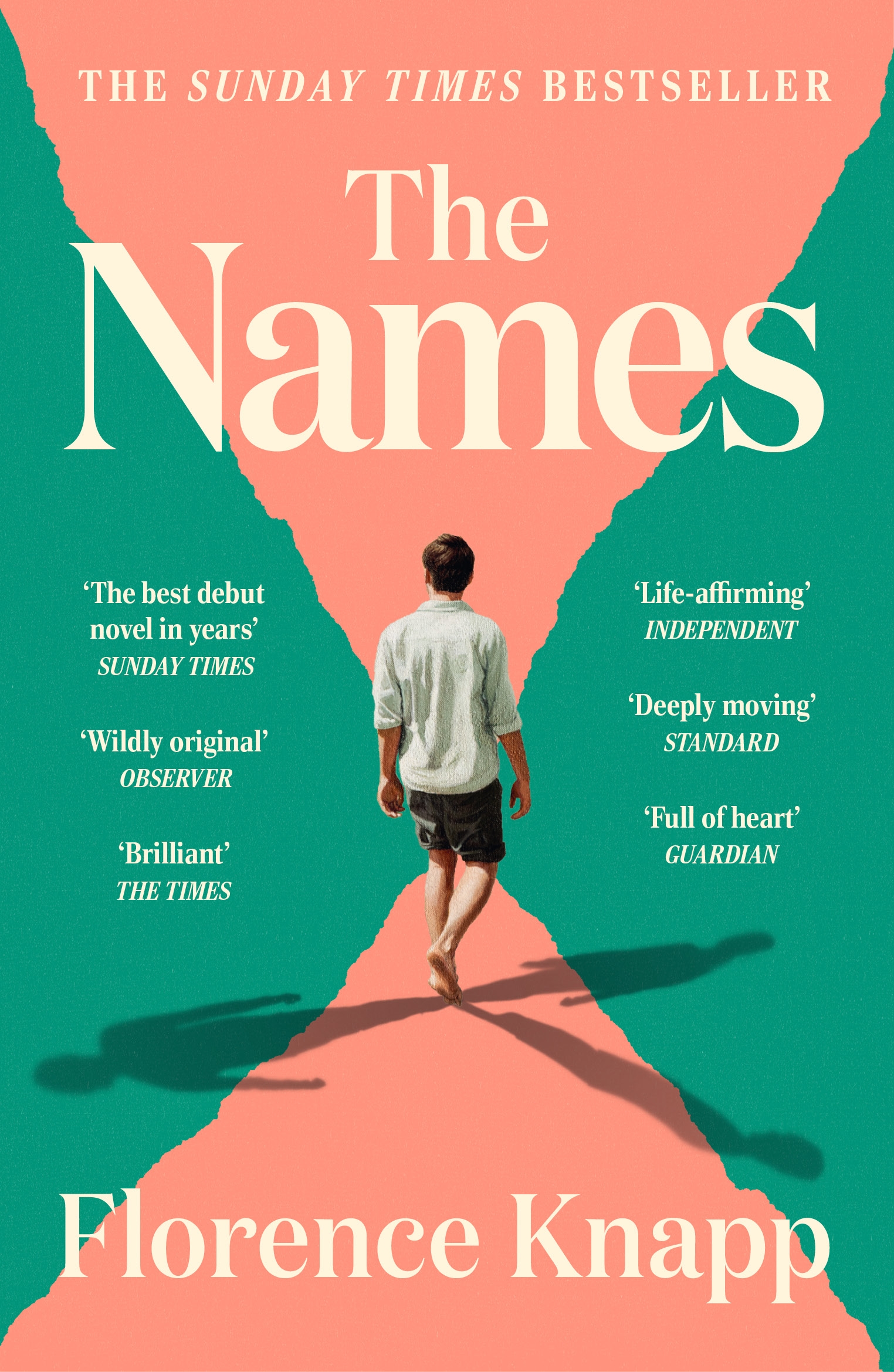 The front cover of 'The Names' by Florence Knapp. The back of a man can be seen walking down a pink path with turquoise surrounding it and white text written over the top