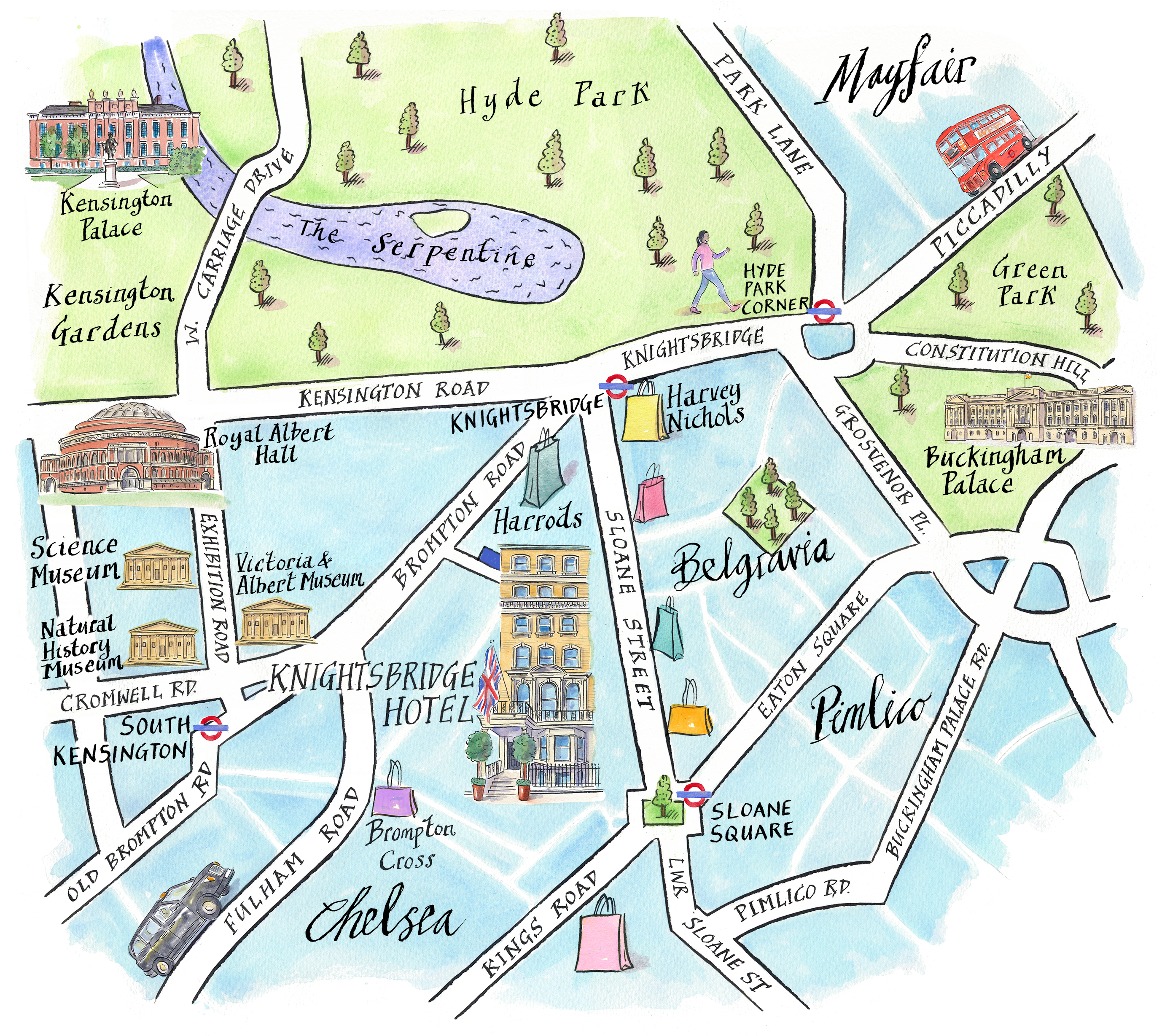 An illustrated map of Knightsbridge surrounding Knightsbridge Hotel. Larger fonts and icons signify key areas including Harrods, Buckingham Palace, Green Park and Belgravia and nearby underground stations