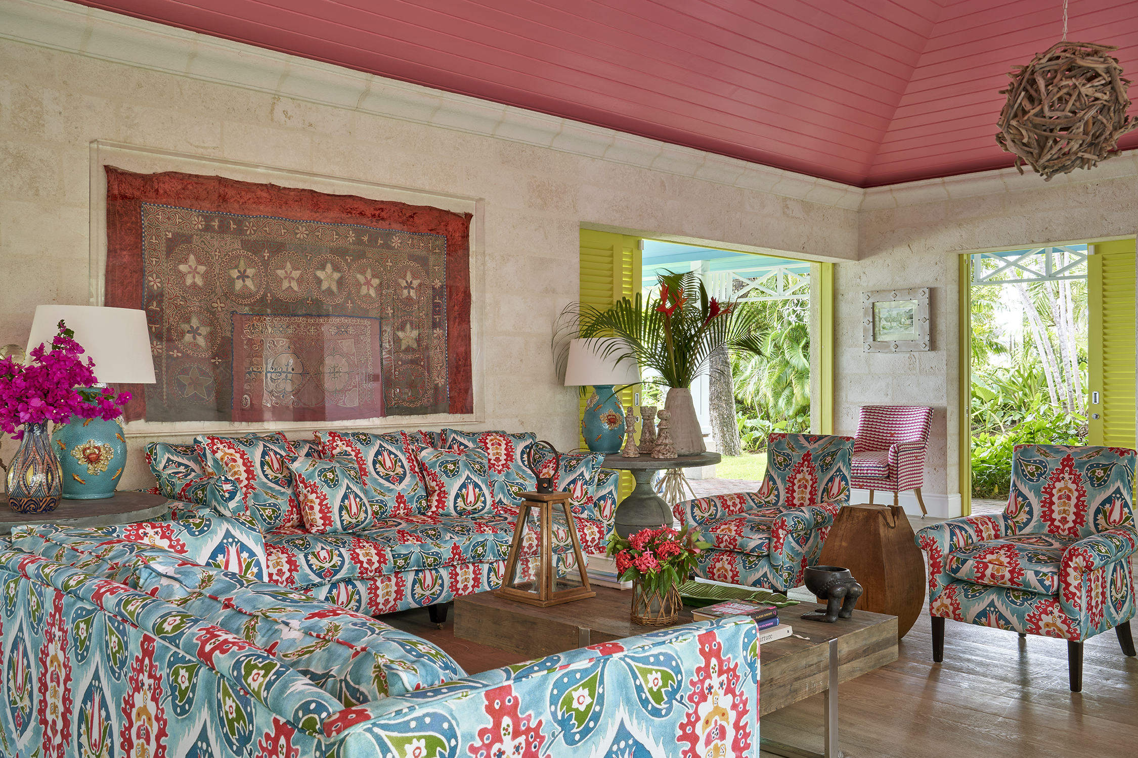 An image of the seating area in the Drawing Room at Rossferry, the Caribbean property managed by Firmdale Hotels.