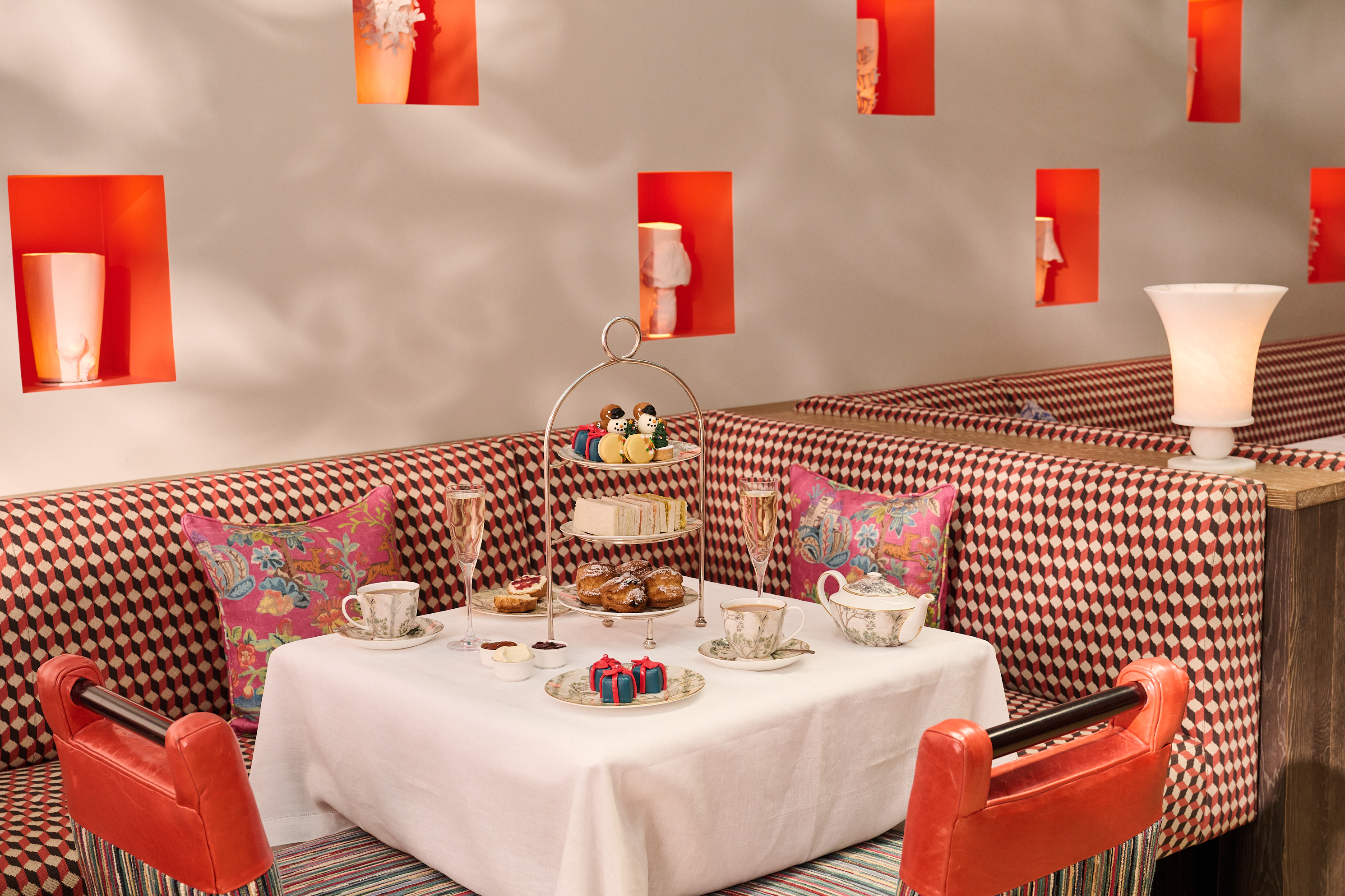 A festive afternoon tea set up on a table in The Orangery at Warren Street Hotel