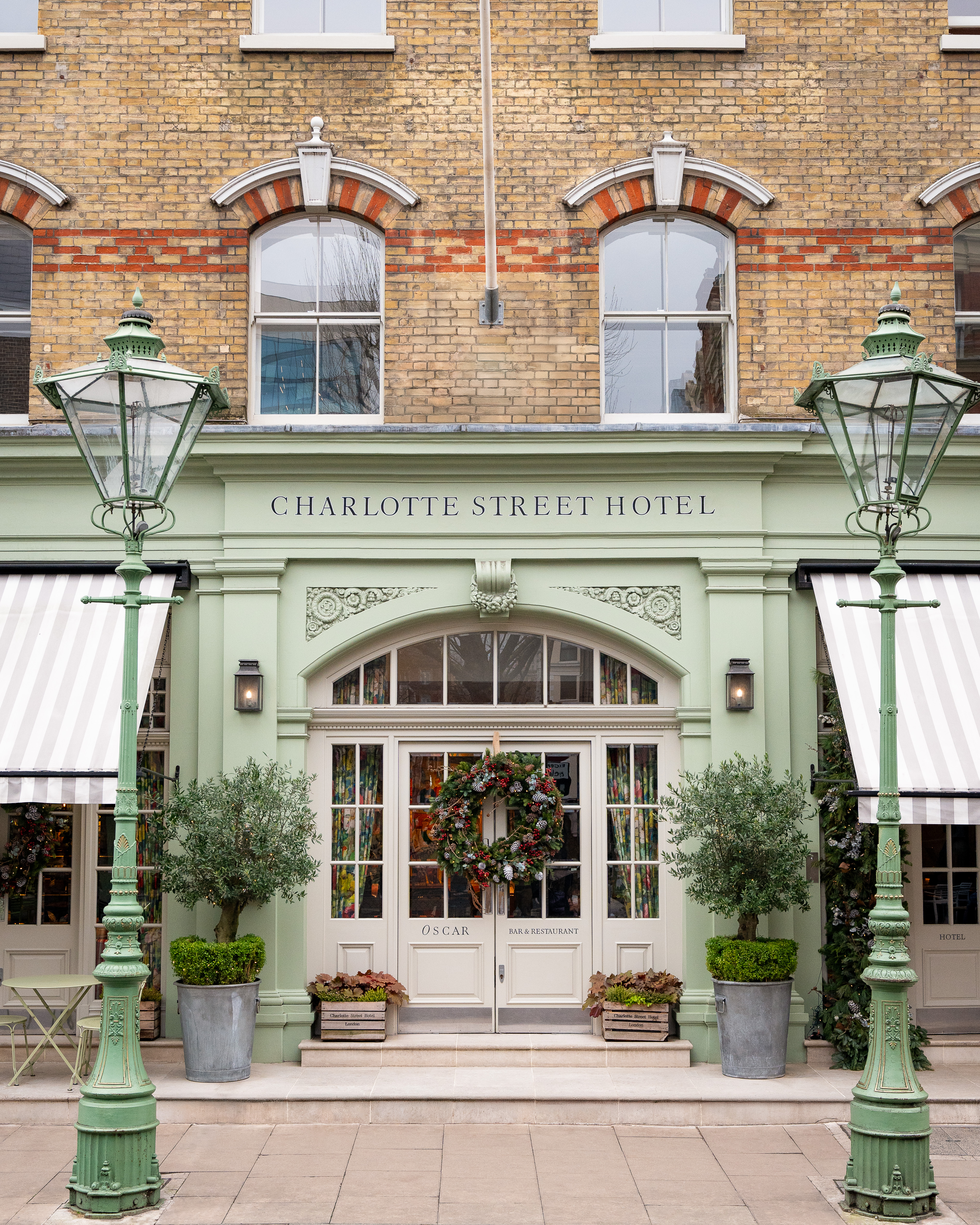 The exterior of Charlotte Street Hotel decorated for Christmas