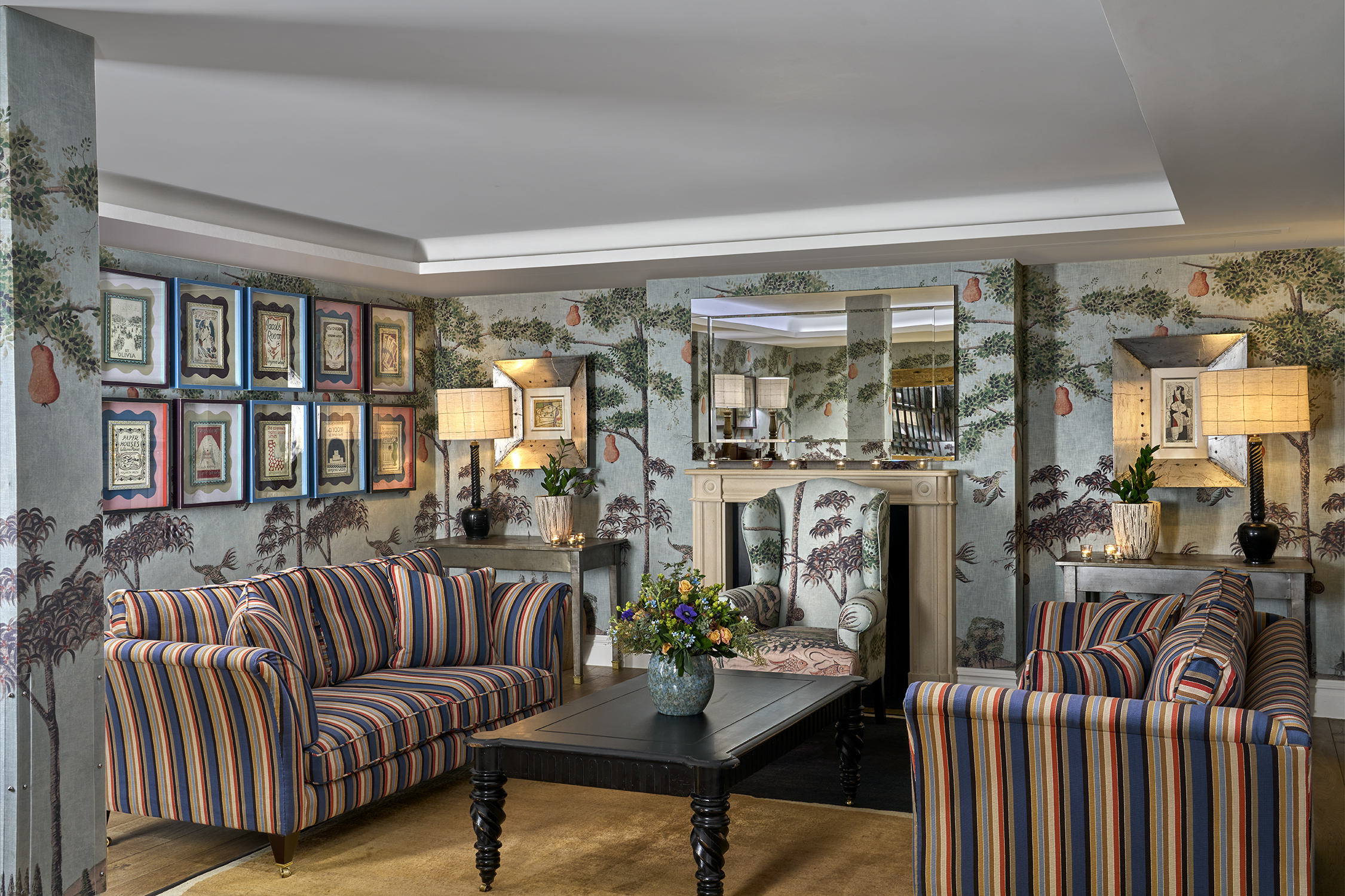 Close shot of the lounge set-up in the Duncan Grant private events room at Charlotte Street Hotel