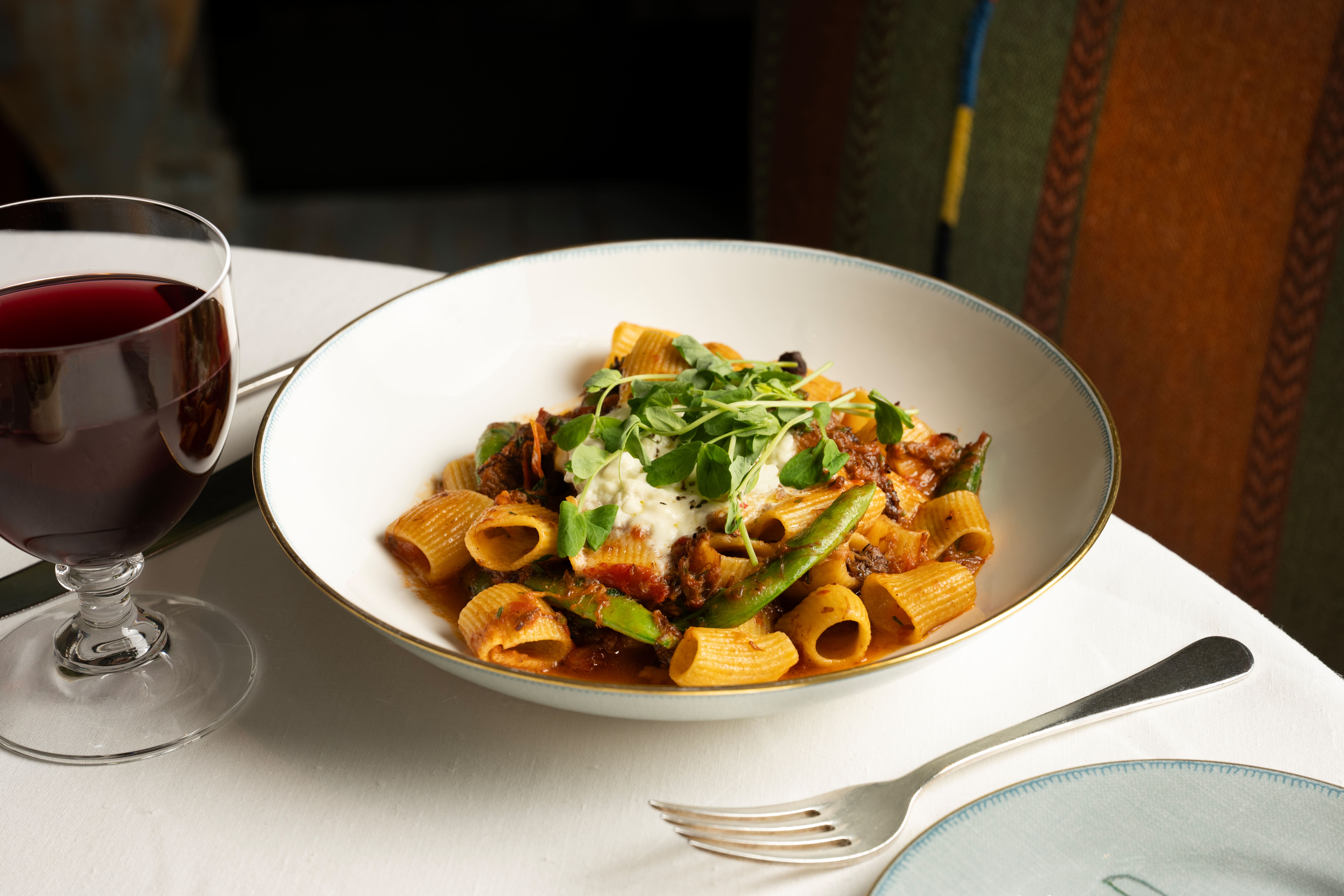 A close-up wide angle shot of the Spring lamb rigatoni at The Whitby Bar