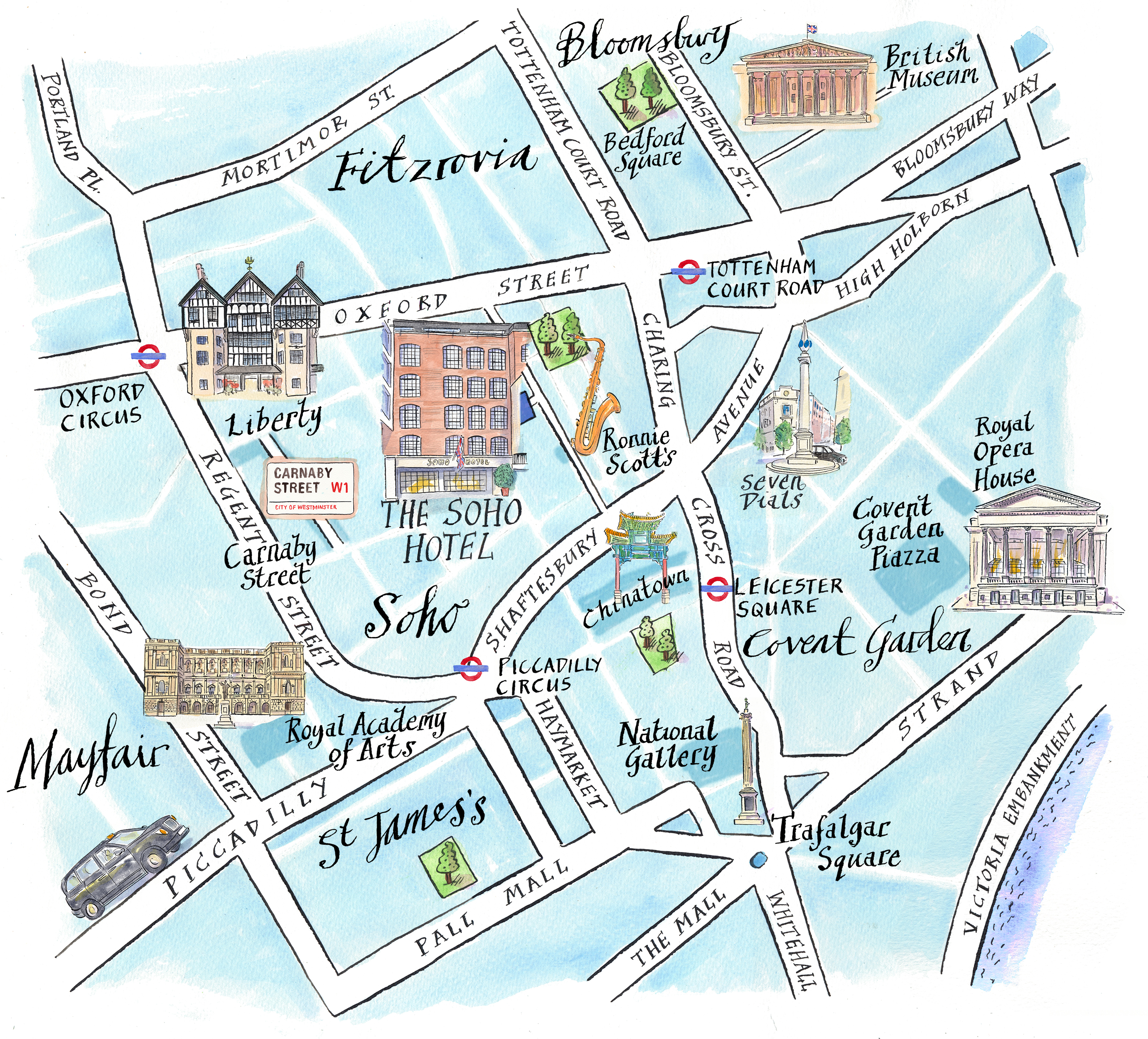 An illustrated map of Soho surrounding The Soho Hotel. Larger fonts and icons signify key areas including Royal Academy of Arts, Liberty, Chinatown, Washington Square Gardens, The Brooklyn Bridge and East Village and nearby underground stations