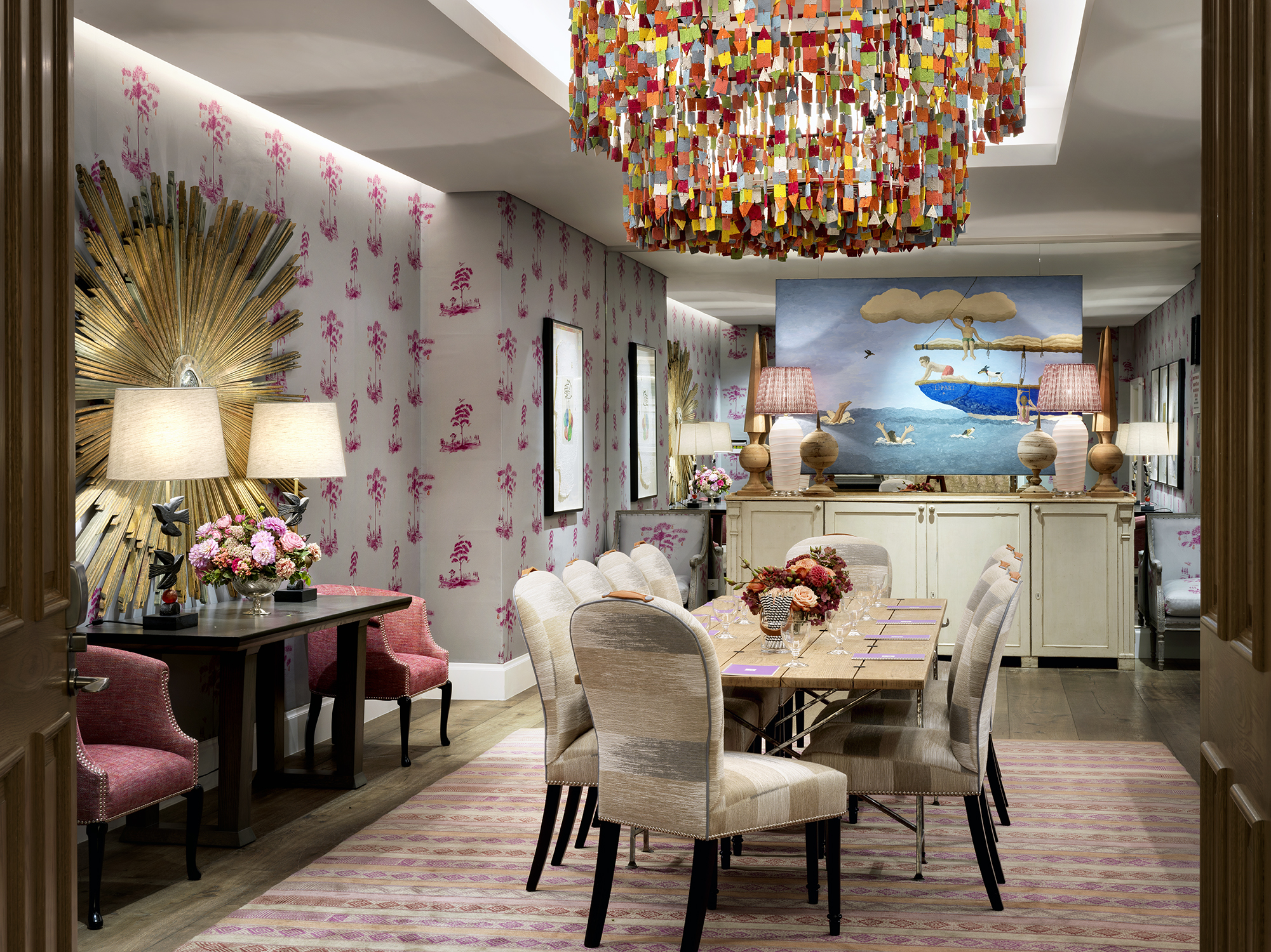 Long meeting table set-up in the Spring private events room at Crosby Street Hotel