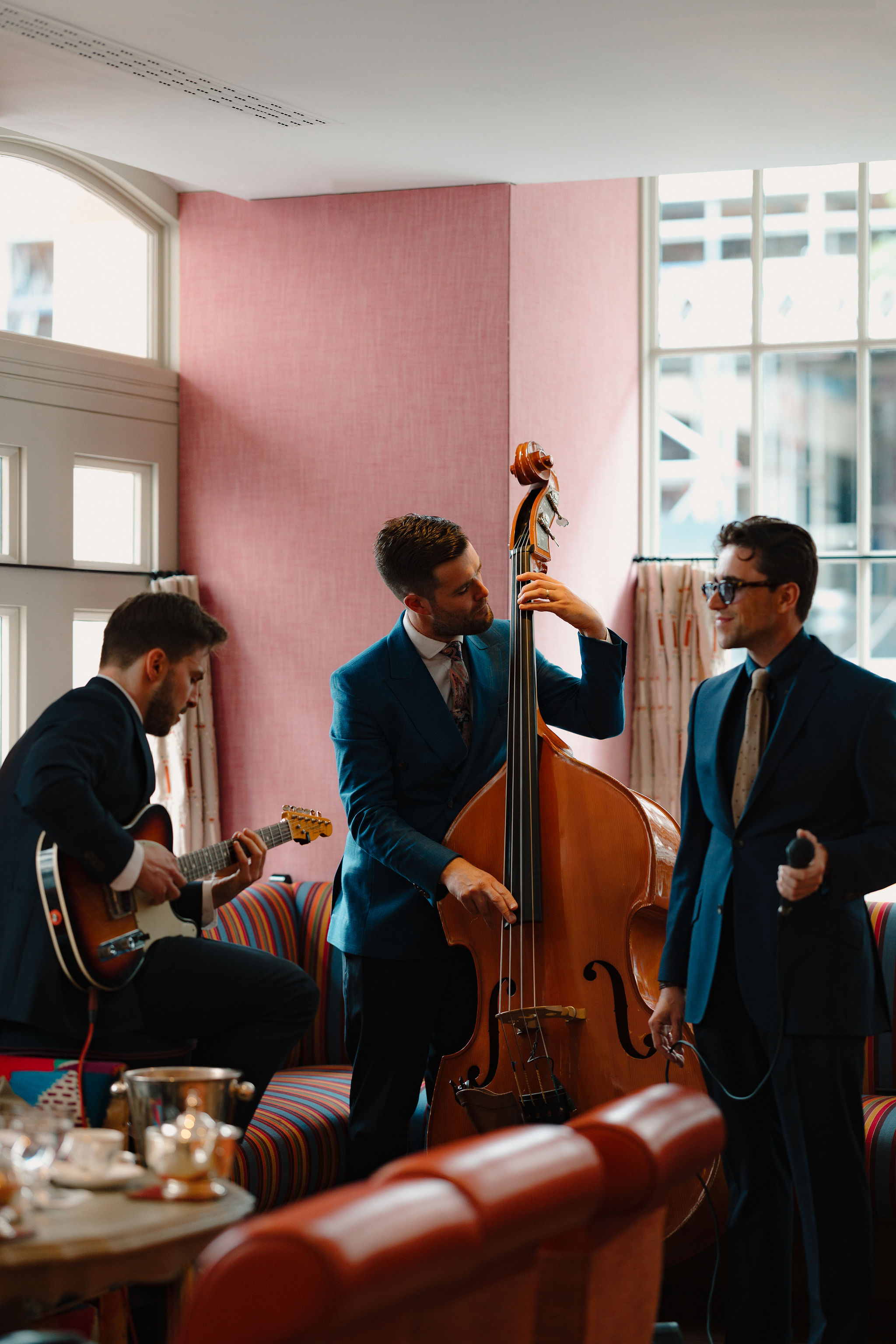 A portrait shot of the Leon Garner Jazz Trio playing at Brumus