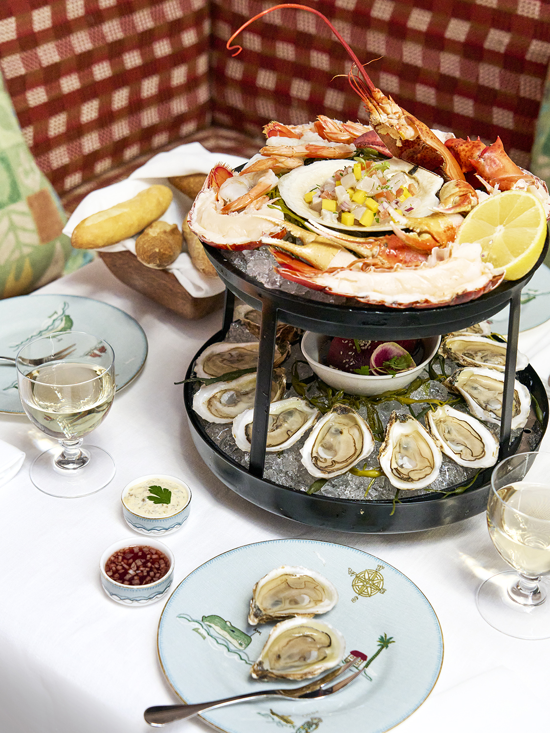 Sailor's Farewell Seafood Bar at The Whitby Bar. Closed up shot of a two-tiered seafood tower from above