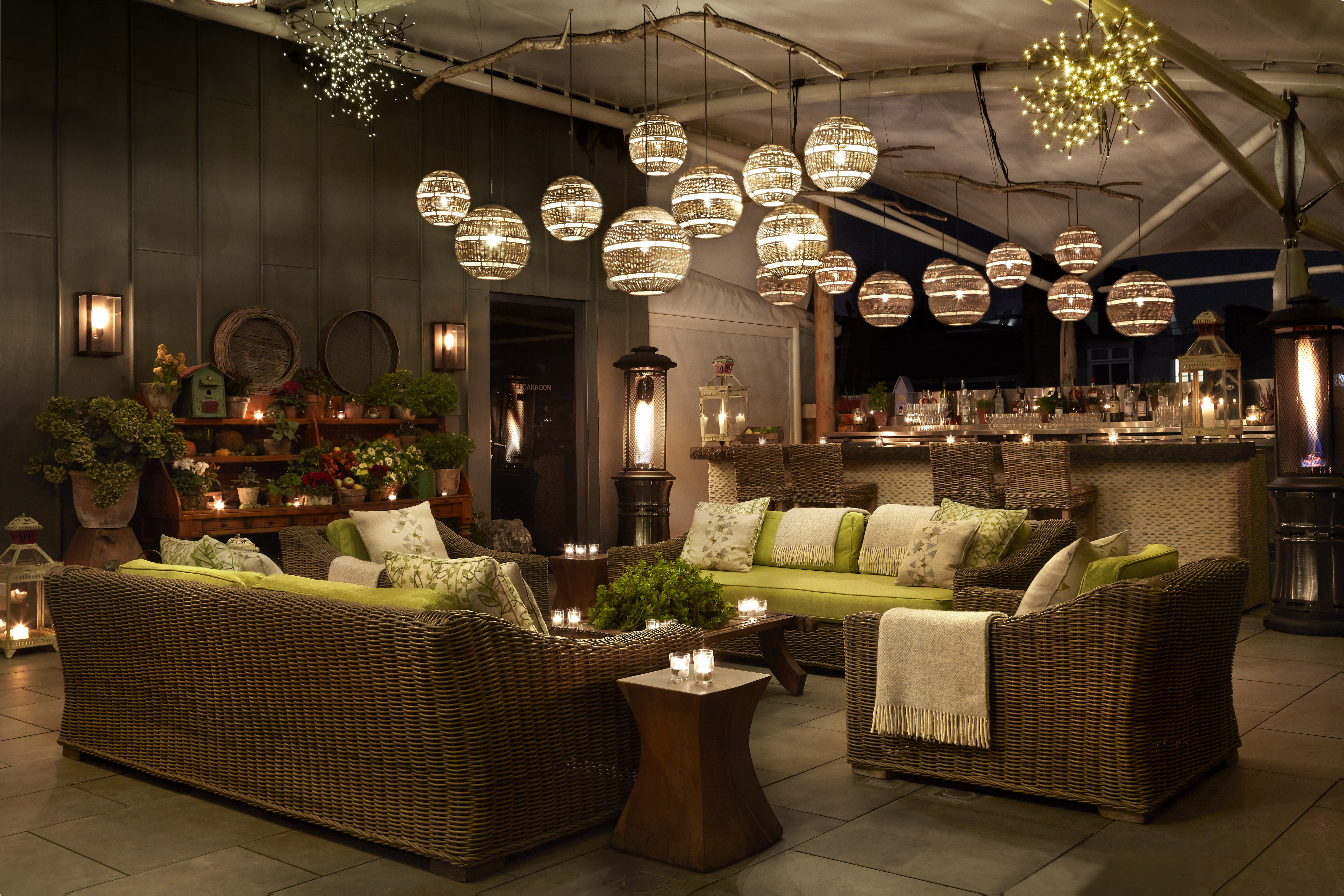 Night diagonal shot of the Roof Terrace at Ham Yard Hotel