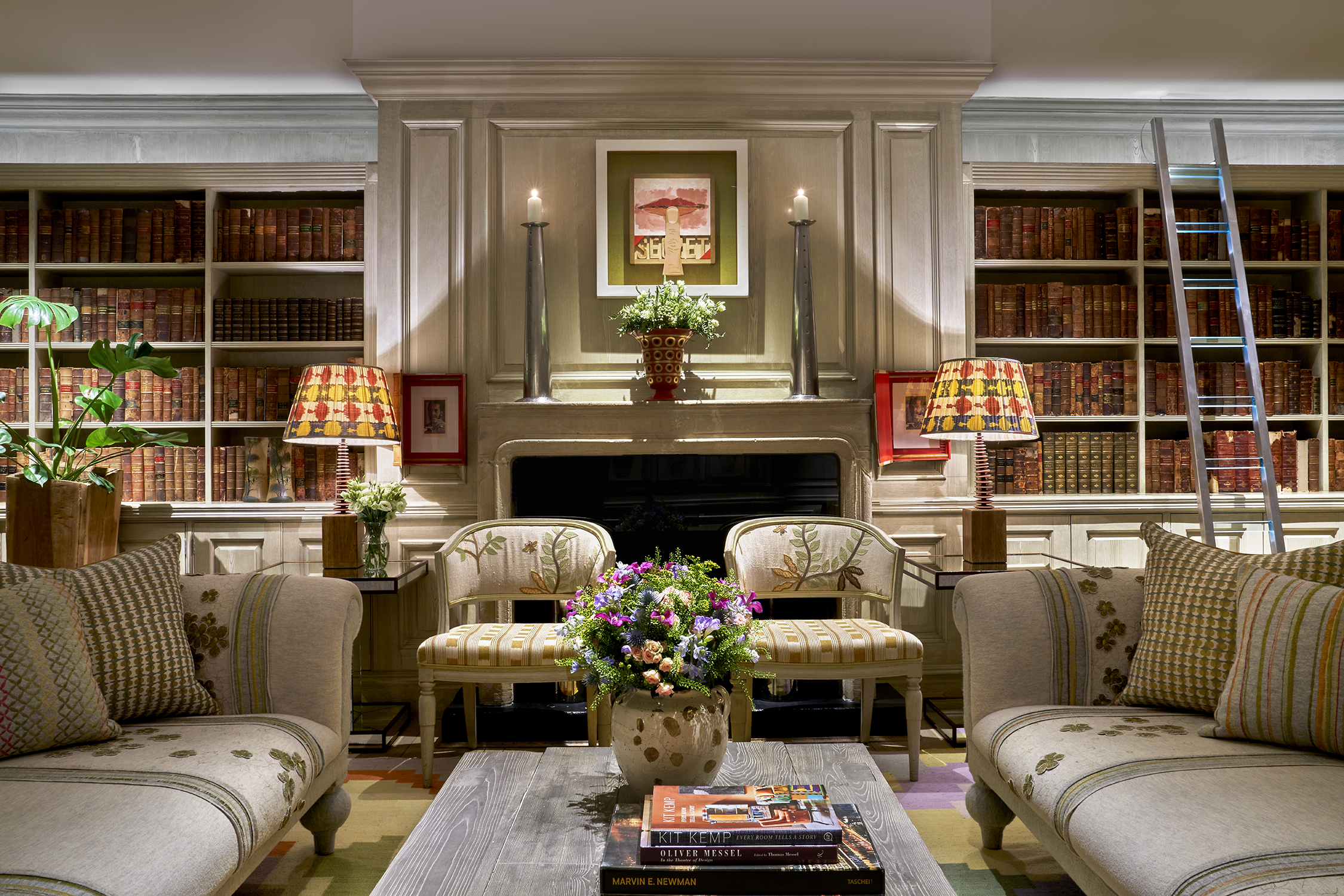 Close shot of the lounge area in the Library at The Soho Hotel