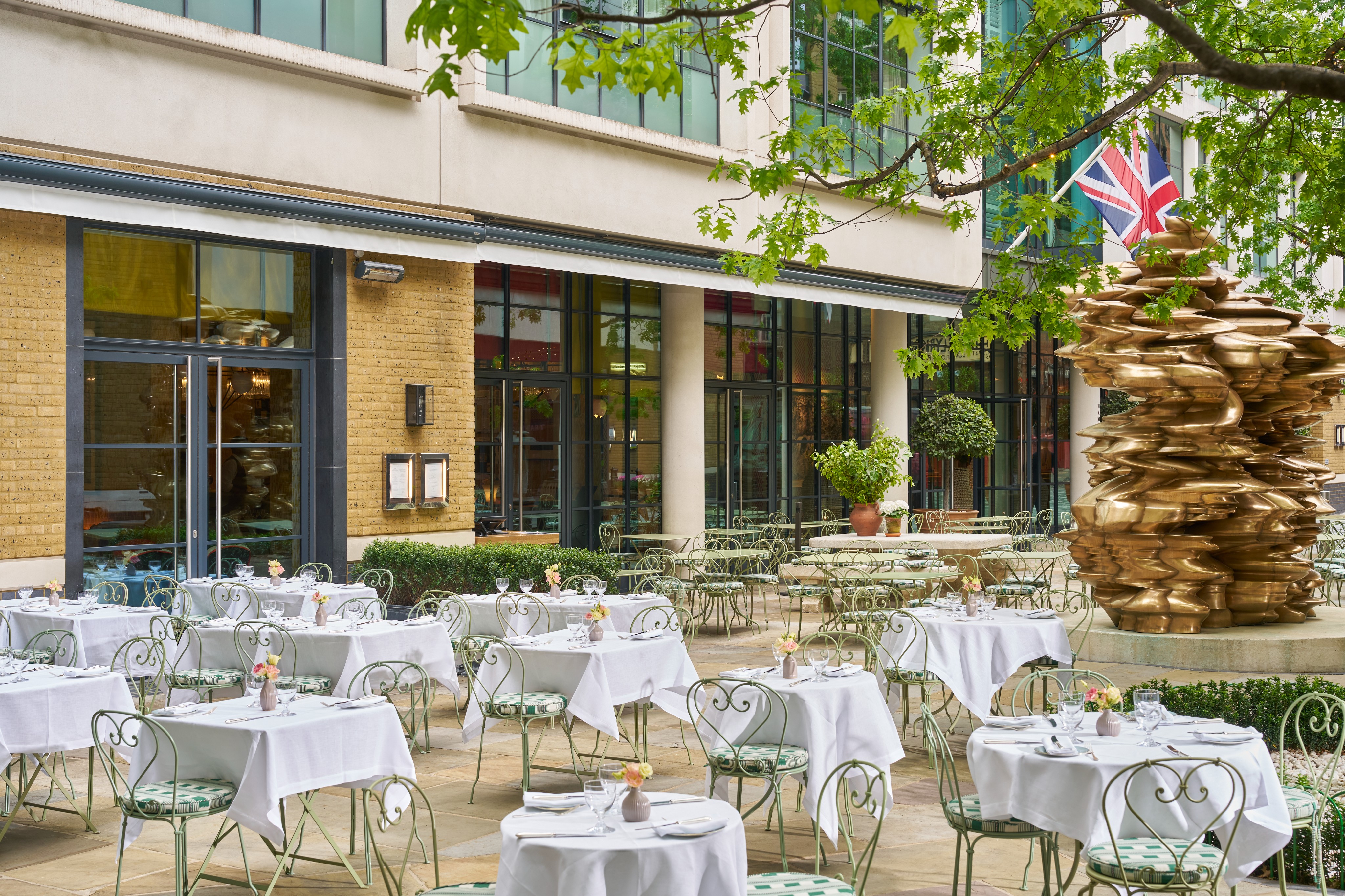 Wide shot of the Courtyard at Ham Yard Hotel