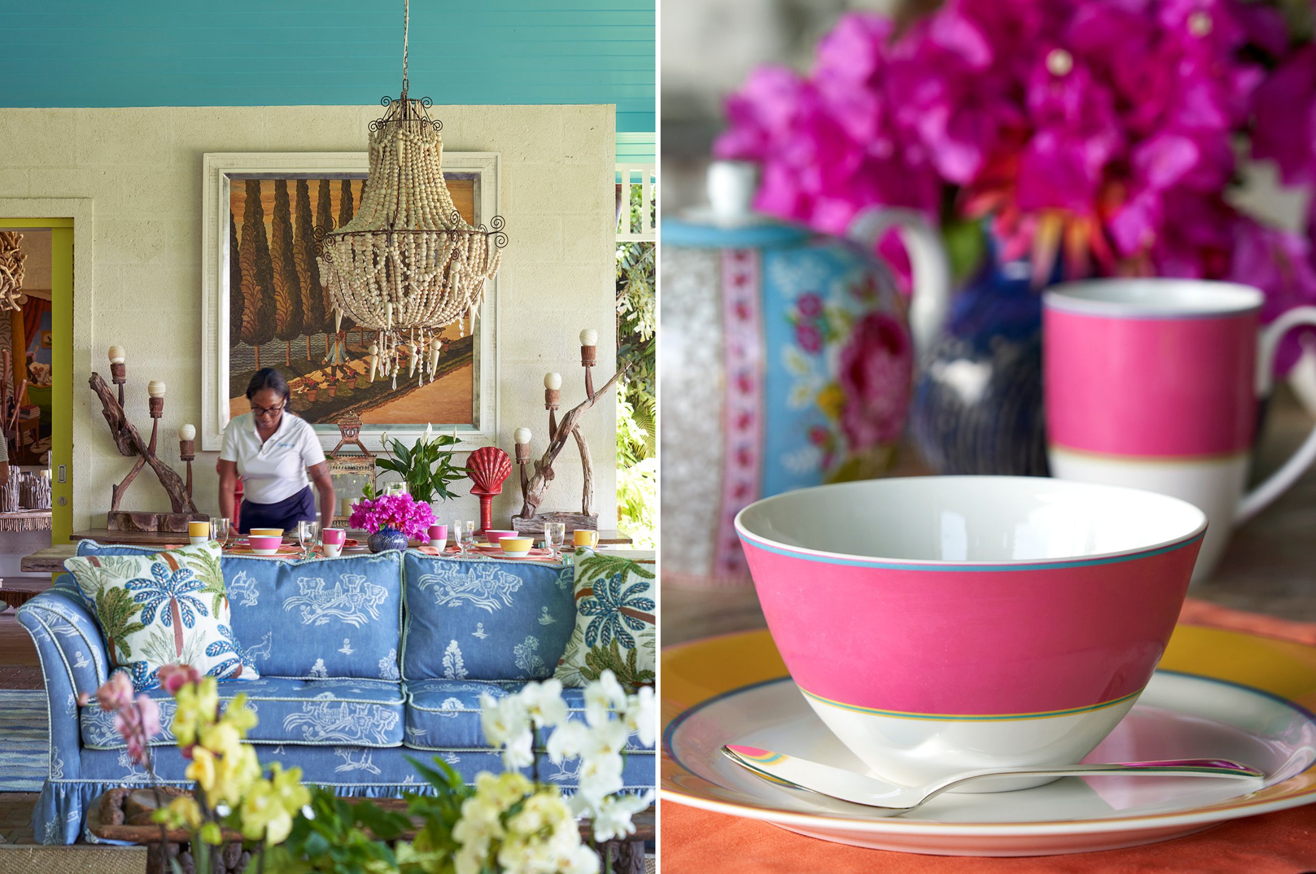 A stitched image of Rossferry the property in Barbados managed by Firmdale Hotels. On the left the image shows a member of staff setting the long dining table with the calypso collection by Kit Kemp x Spode, the image also shows the dining table from the drawing room which sits behind a blue sofa. The right hand side image, is a close up of a pink bowl from the Calypso collection Kit Kemp x Spode.