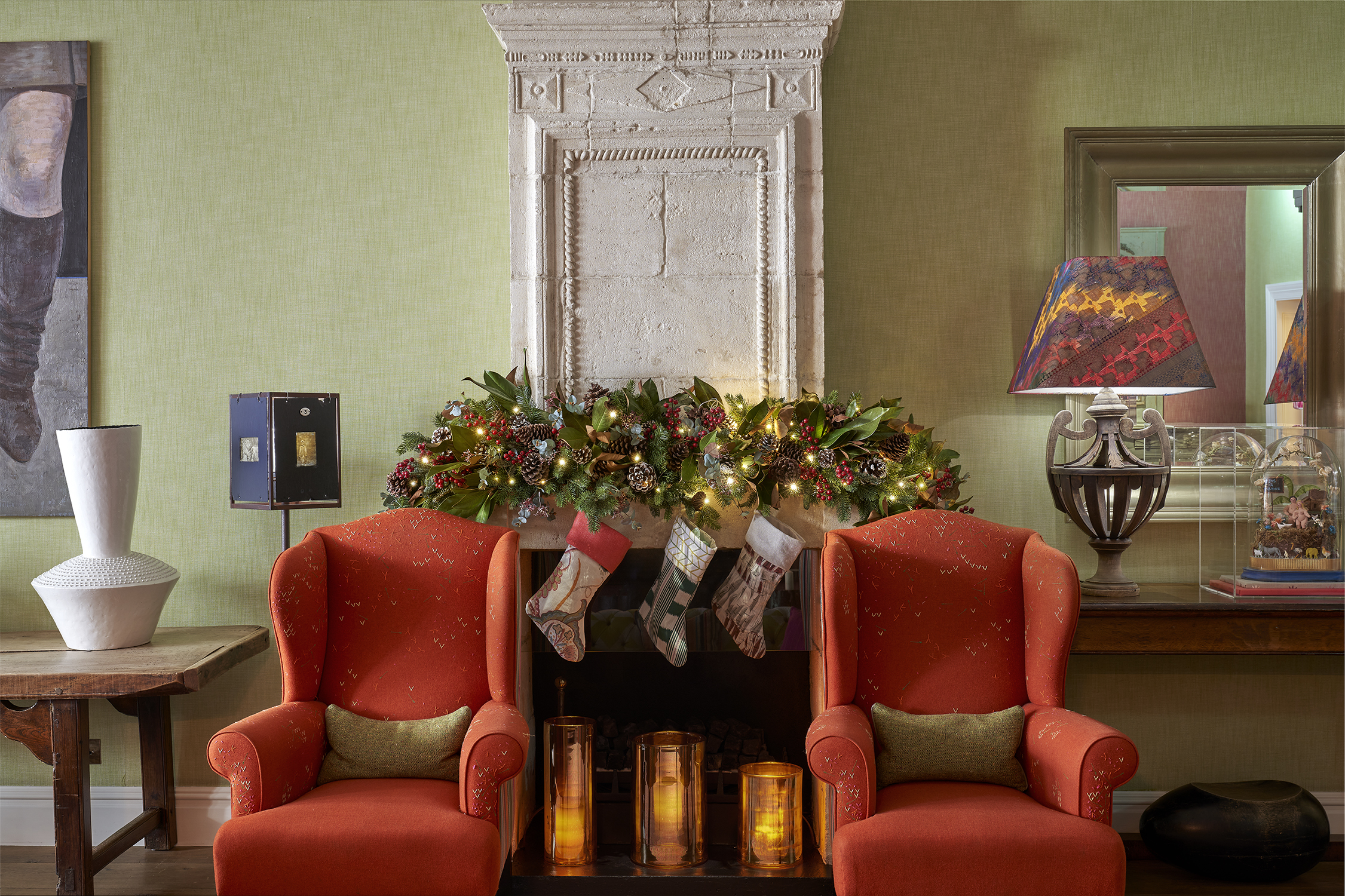 Shot of Christmas decorations in the drawing room at The Soho Hotel