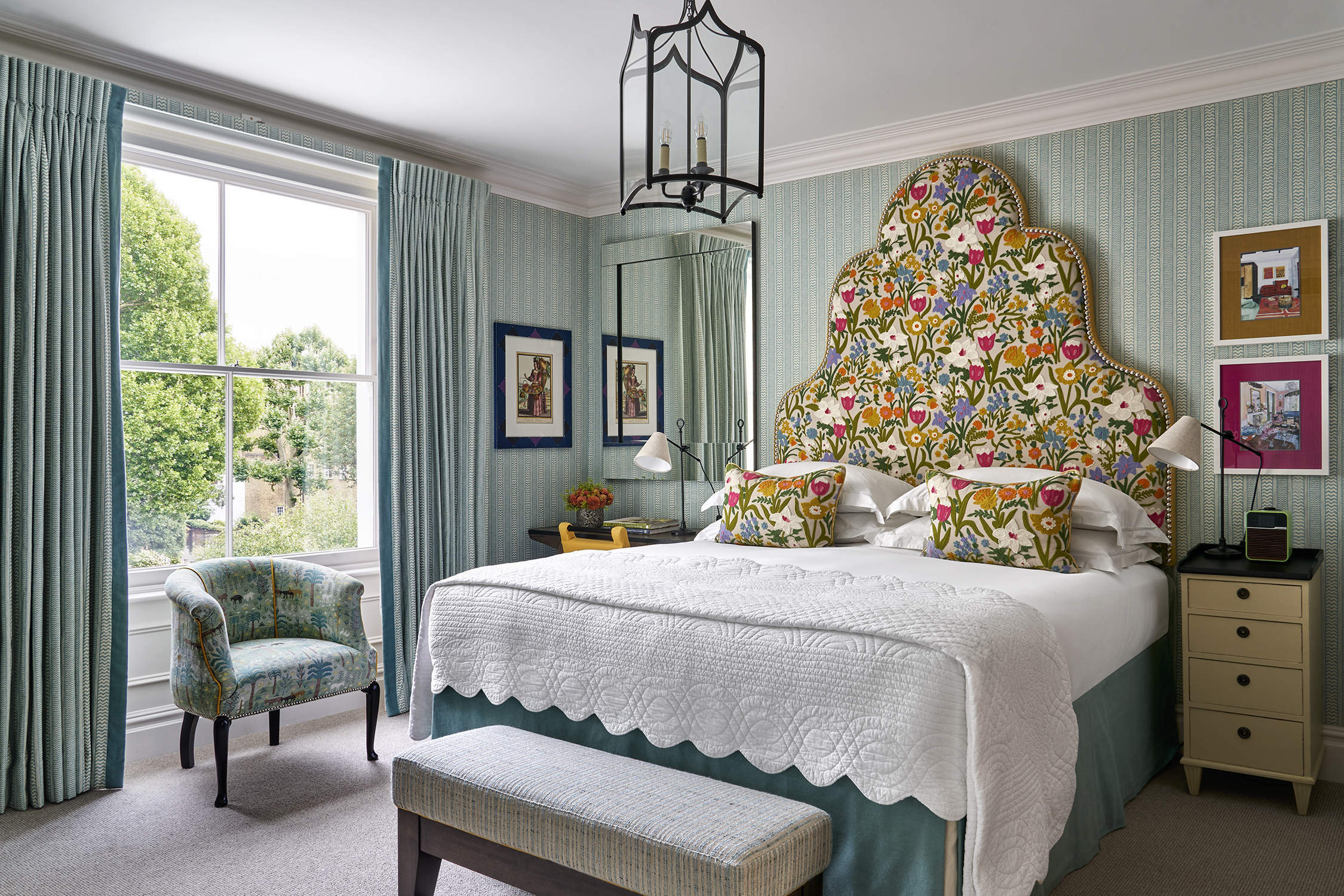 A diagonal shot across the bed to the window in room 208, a Deluxe Room at Number Sixteen