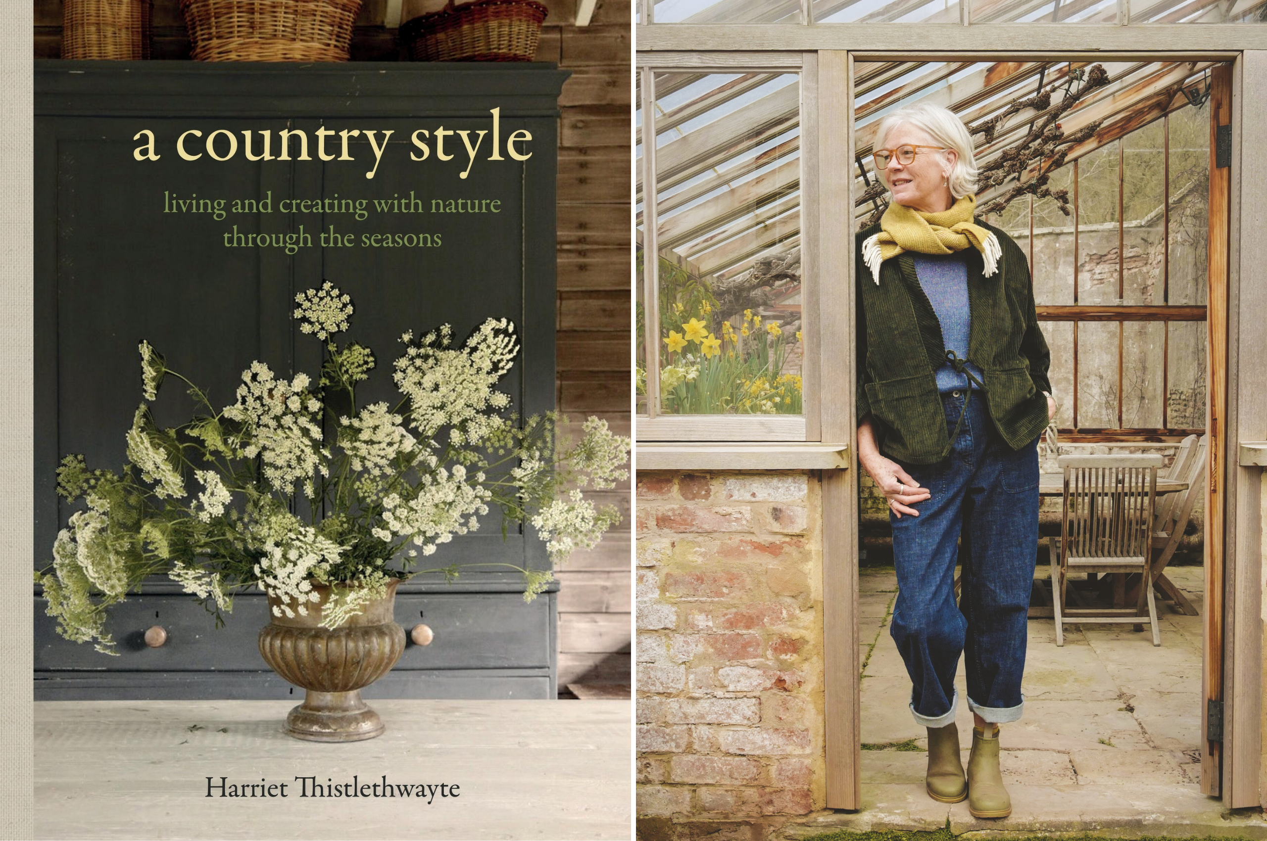 An image to promote Harriet Thystlethwaytes new book 'A country style: living and creating with nature through the seasons'. Stitched image on the left shows the book cover, on the right, the an image f the author Harriet Thistlethwayte
