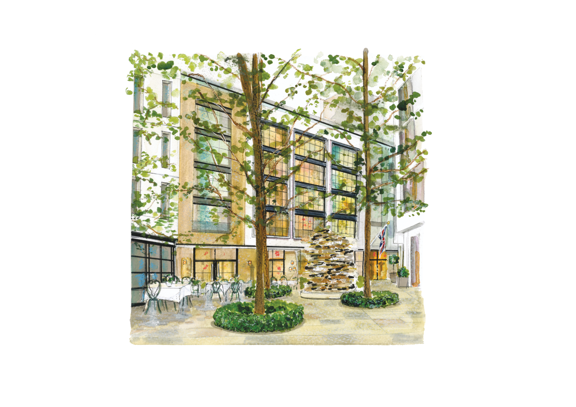 A watercolor-style illustration of Ham Yard Hotel London exterior.