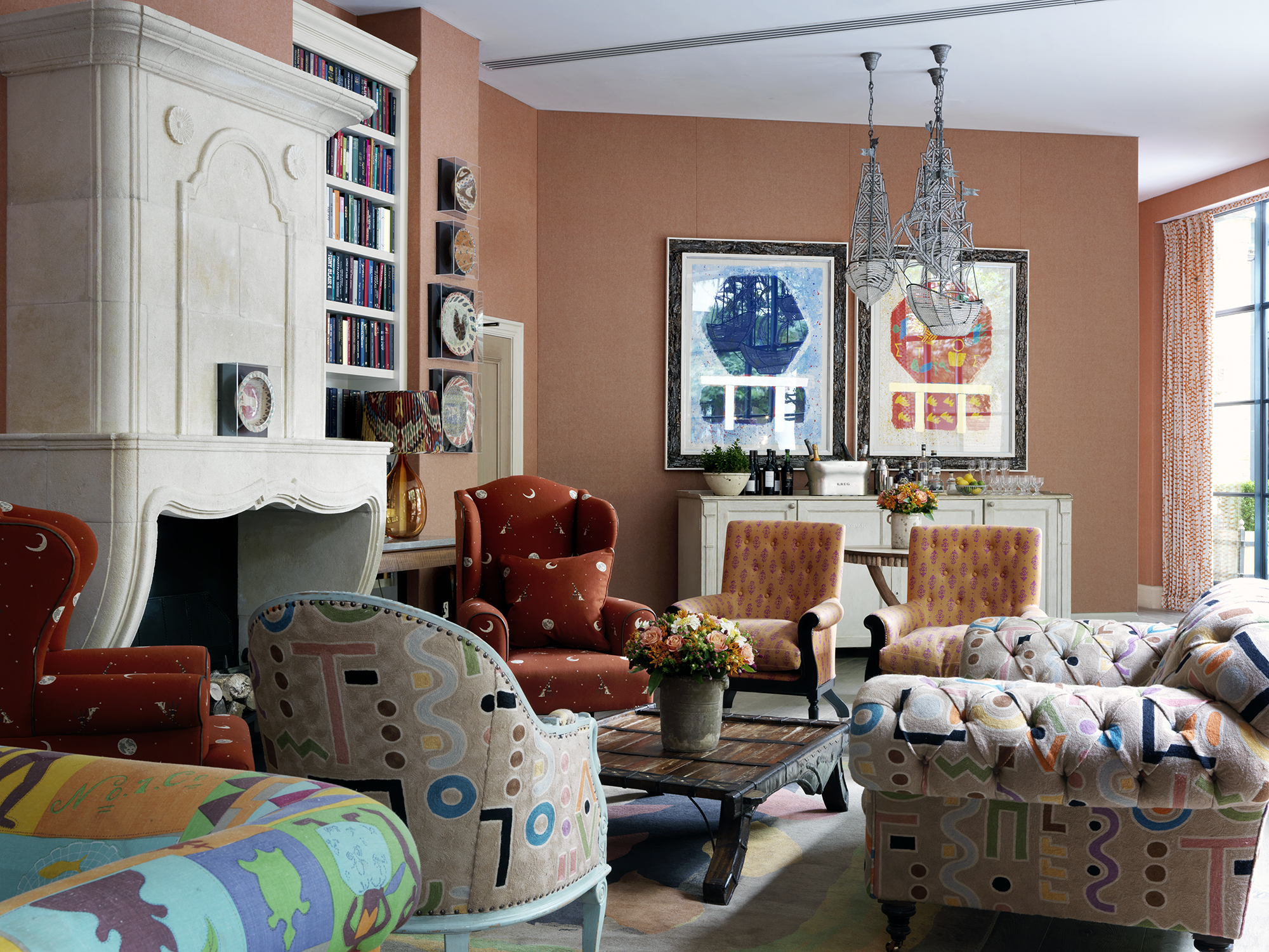 Diagonal shot of the Drawing Room at Ham Yard Hotel