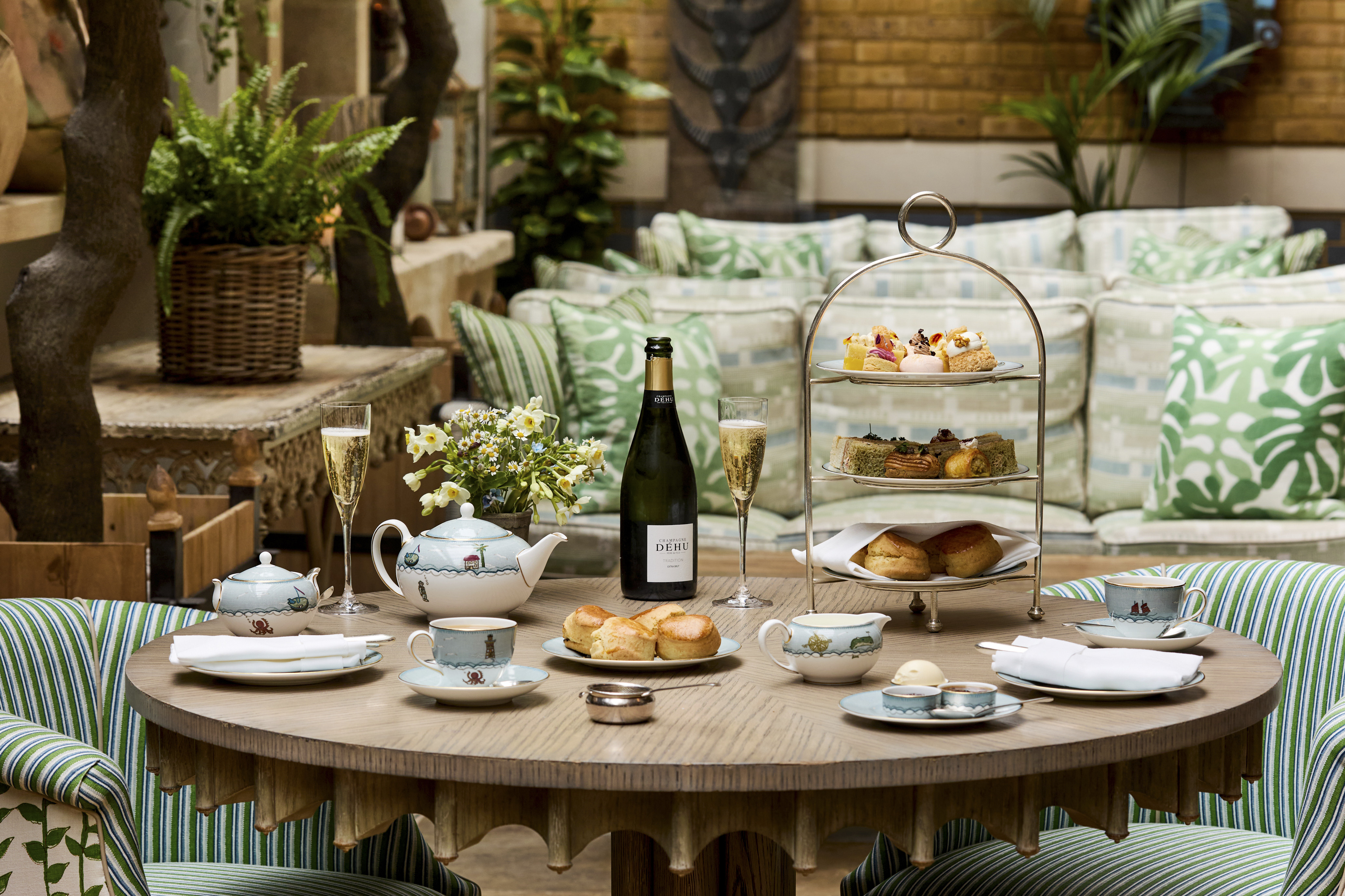 Wide shot of traditional Afternoon Tea in the Orangery at Ham Yard