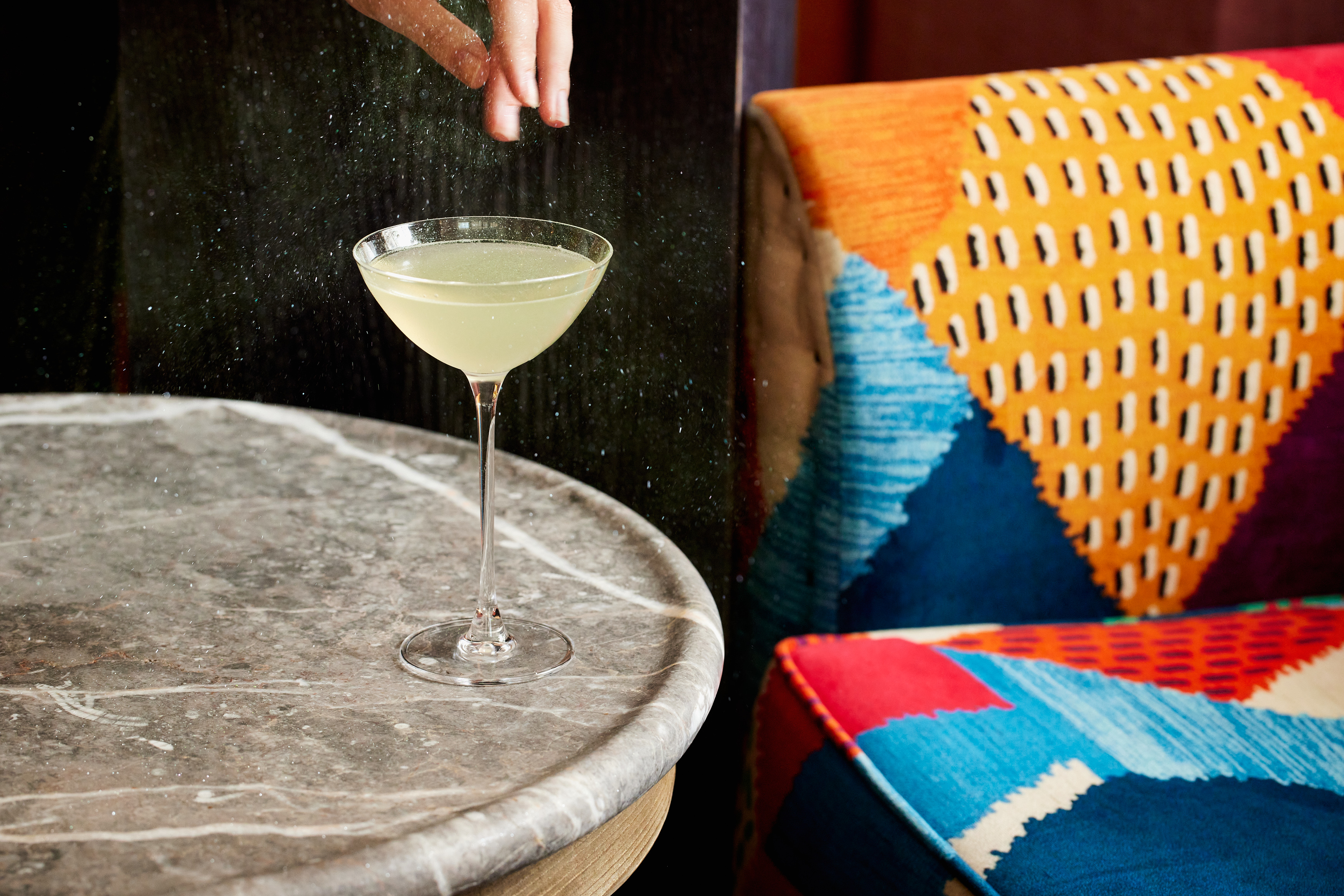 A close-up wide angle shot of 'Emerald Prelude' from the West End cocktail collection at Brumus
