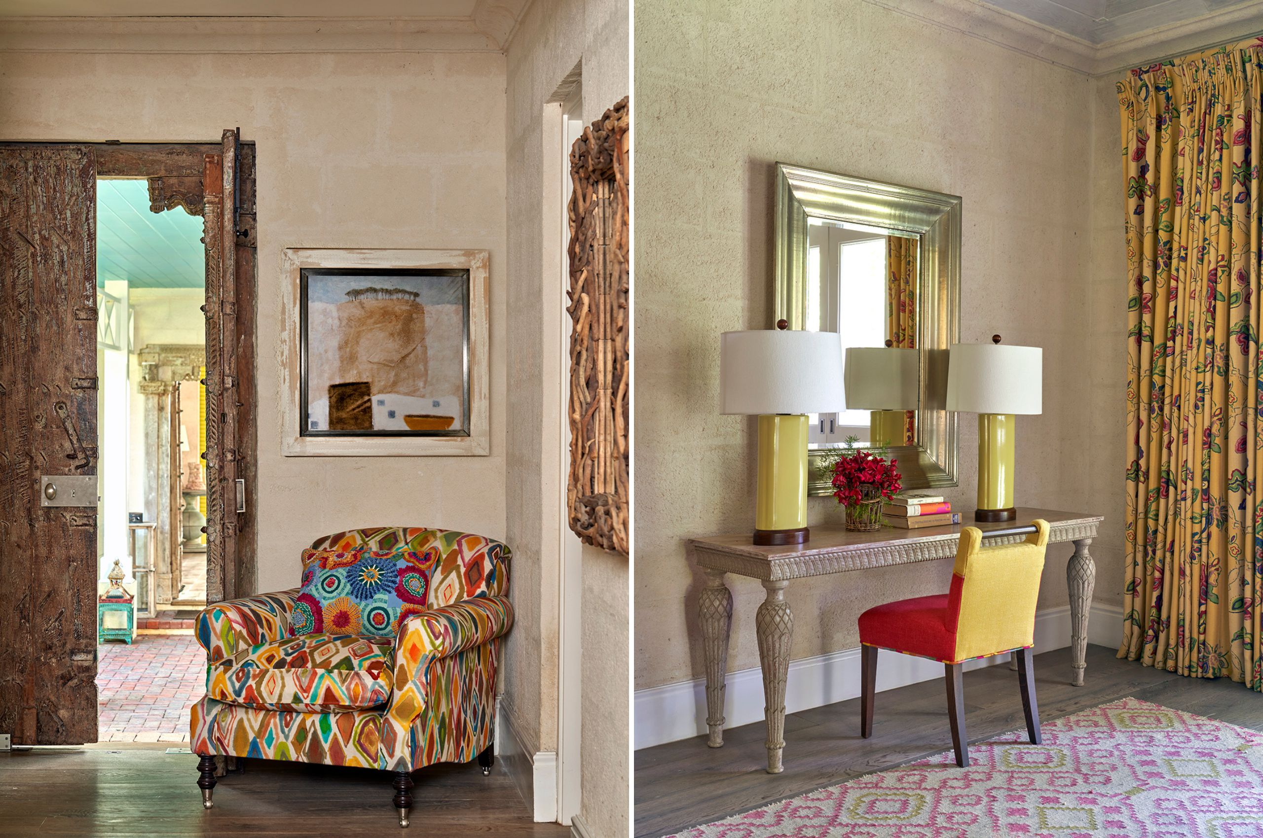 A stitched image of Bedroom 5 at Rossferry the property in Barbados managed by Firmdale Hotels. On the left, a colourful armchair by and open door beneath some art. On the right, a yellow chair in front of a desk with a mirror above.