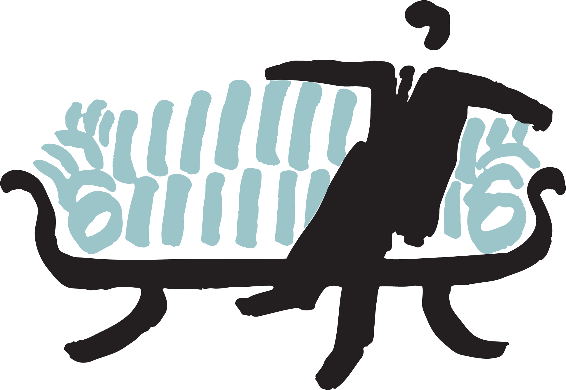 Covent Garden Hotel icon. An animated poster of a man wearing a blacksuit and seating on light blue and blackcurved sofa