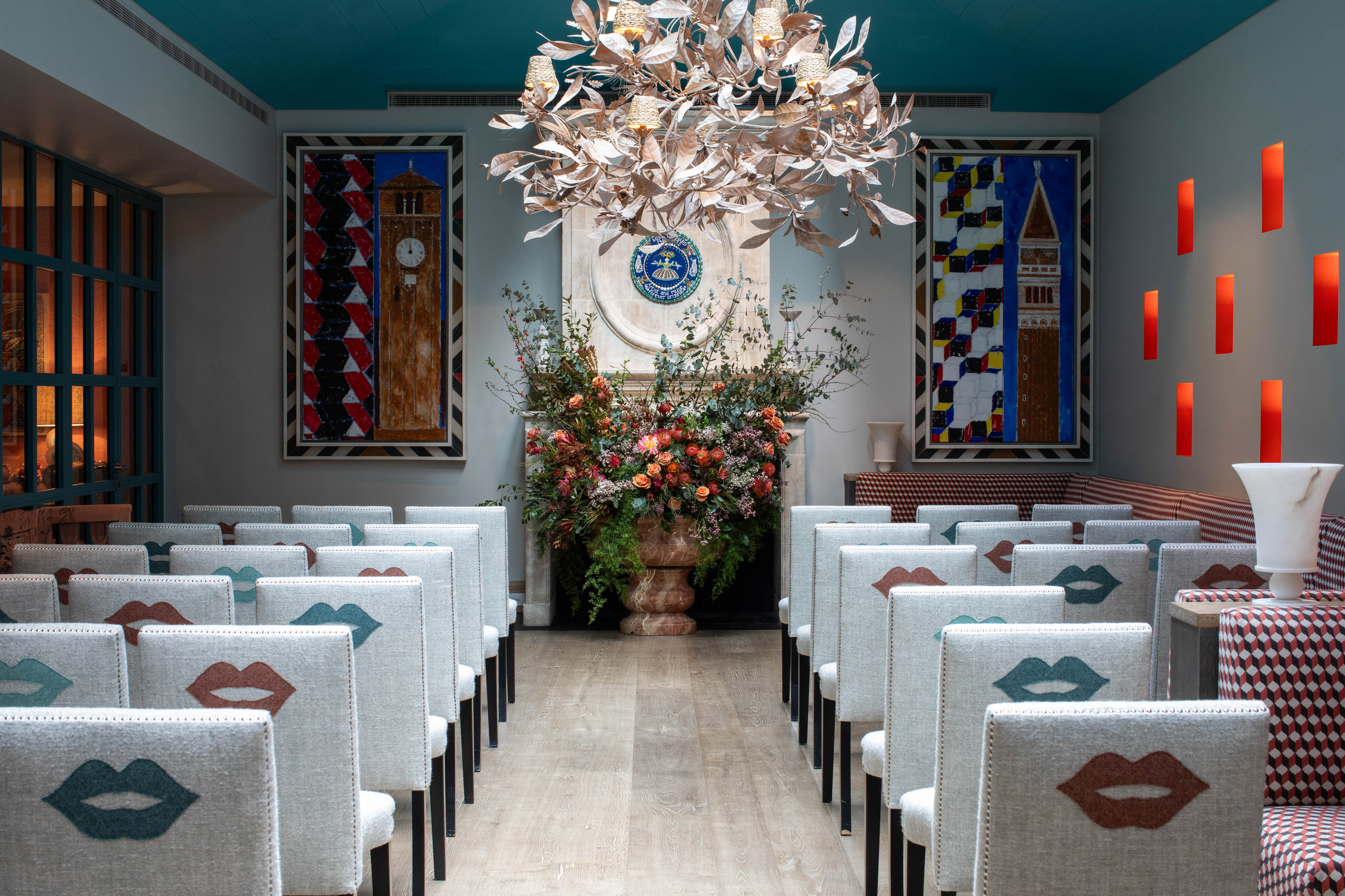 Back shot of a wedding style set-up in the Orangery private events room at Warren Street Hotel