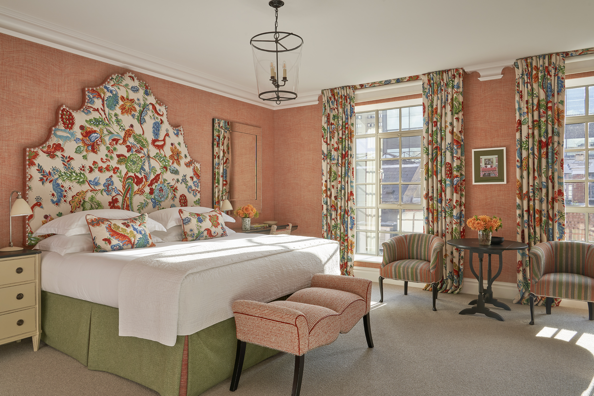 A diagonal bedroom shot of room 421, a Deluxe Room at The Soho Hotel