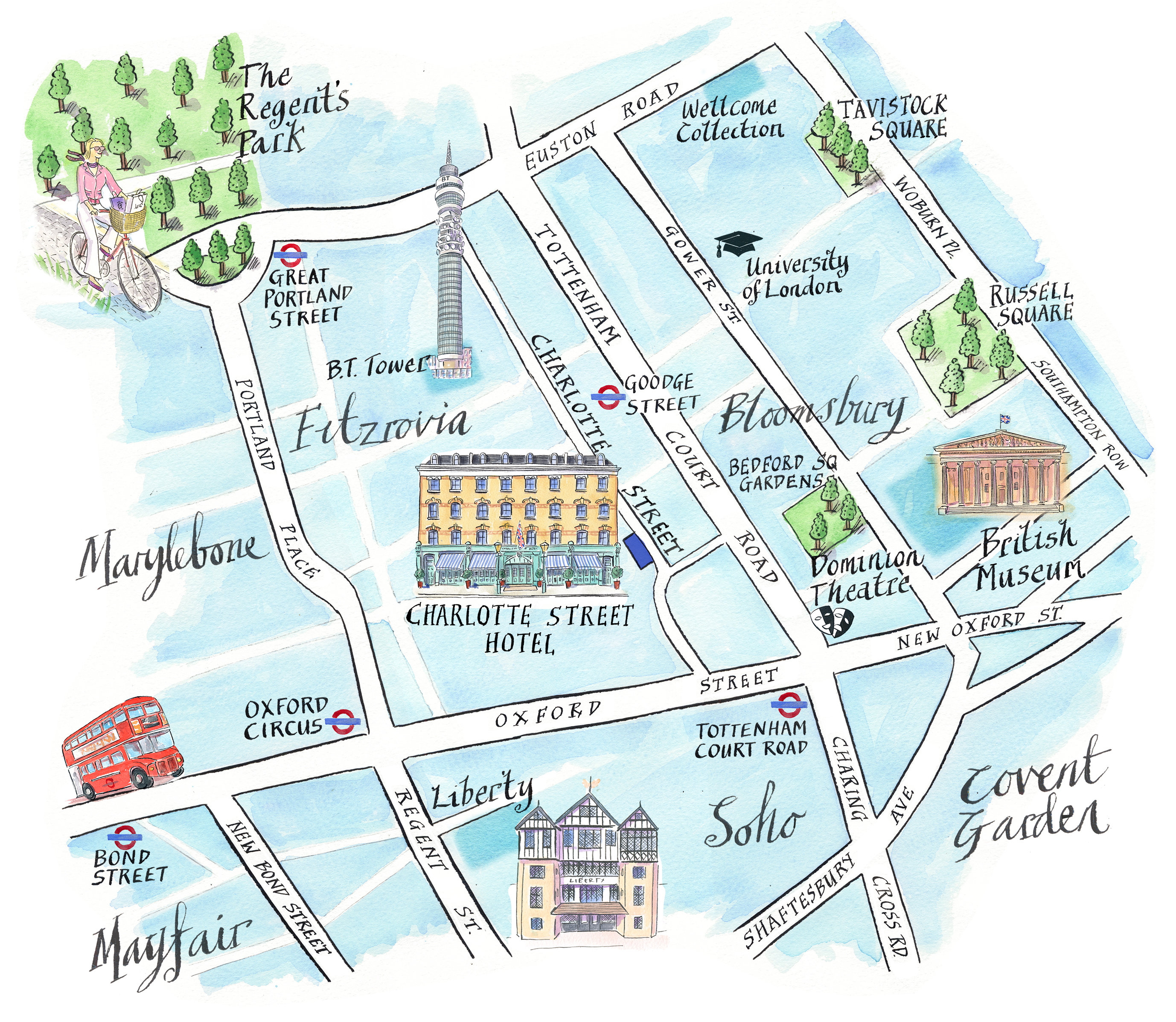 An illustrated map of Fitzrovia surrounding Charlotte Street Hotel. Larger fonts and icons signify key areas, Dominion Theatre, British Museum, Liberty, BT Tower and nearby underground stations